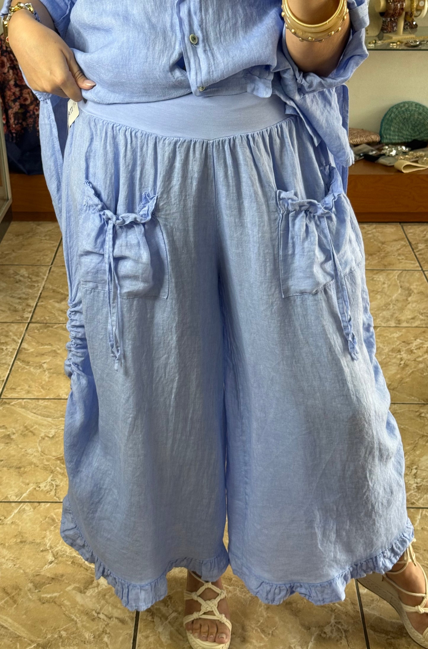 OS Linen Ruffle Pant Set (NO RETURNS OR EXCHANGE)
