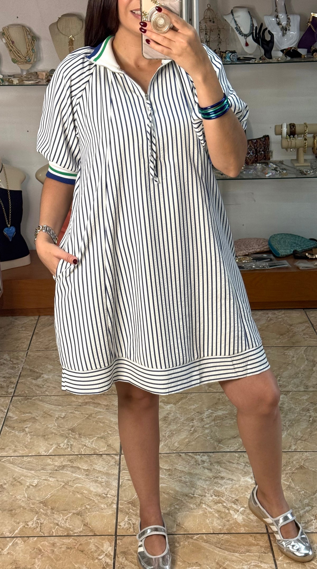 Collared Half-Zip Striped Tunic Dress