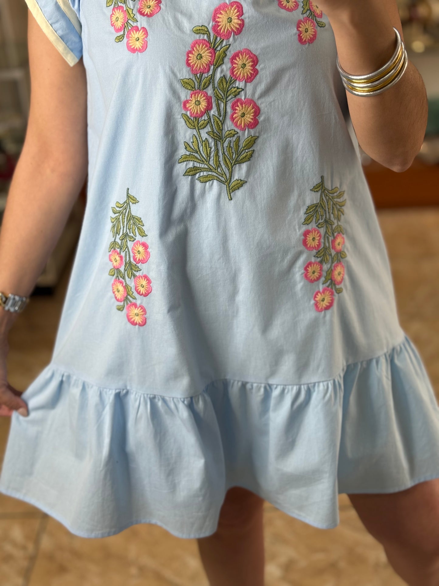 Sky Blue Floral Embroidered Mini Dress