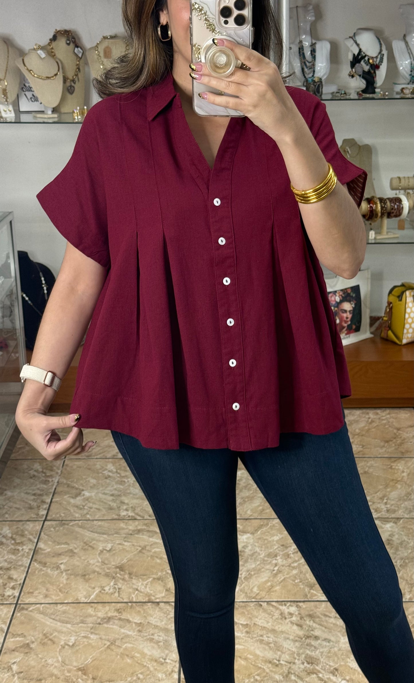 Burgundy Linen Blend Top