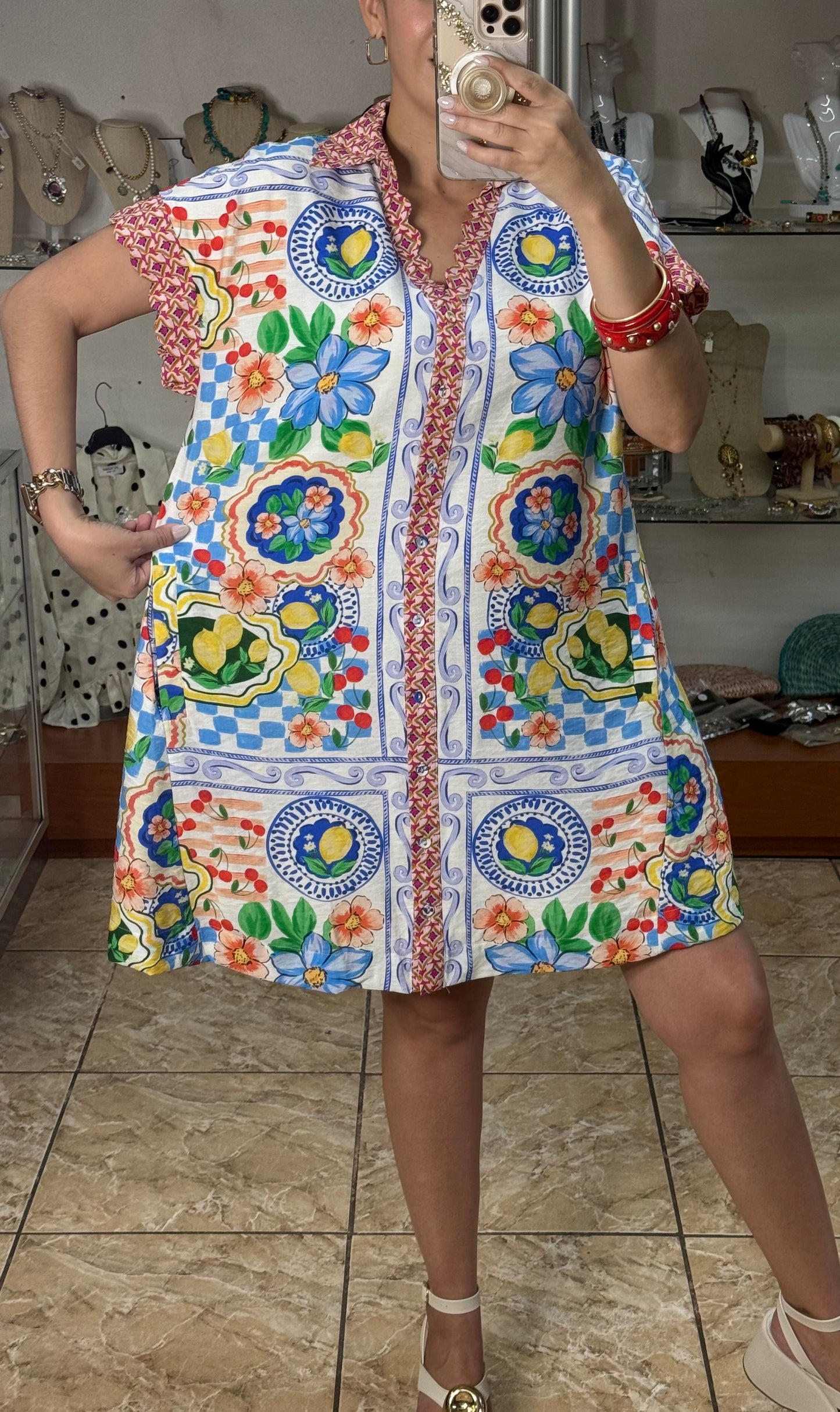 Blue Mix Mediterranean Print Dress