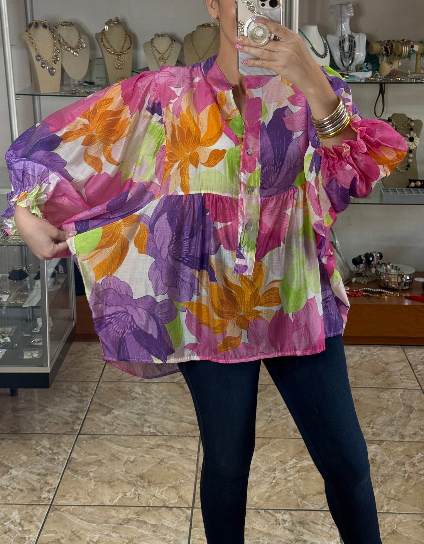 Purple/Pink Floral OS Tunic Top (FINAL SALE)