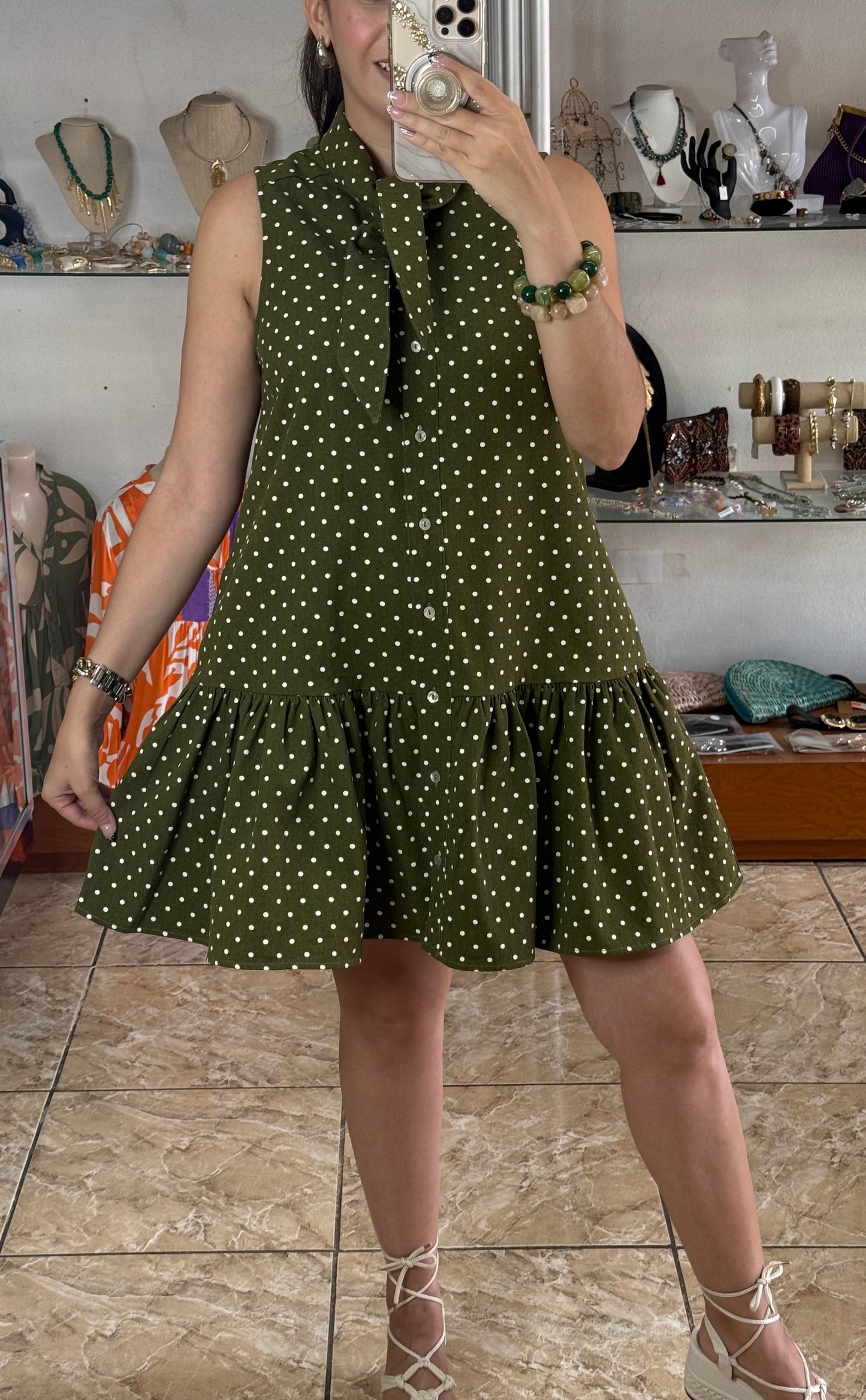 Olive Sleeveless Polkadot Mini Denim Dress