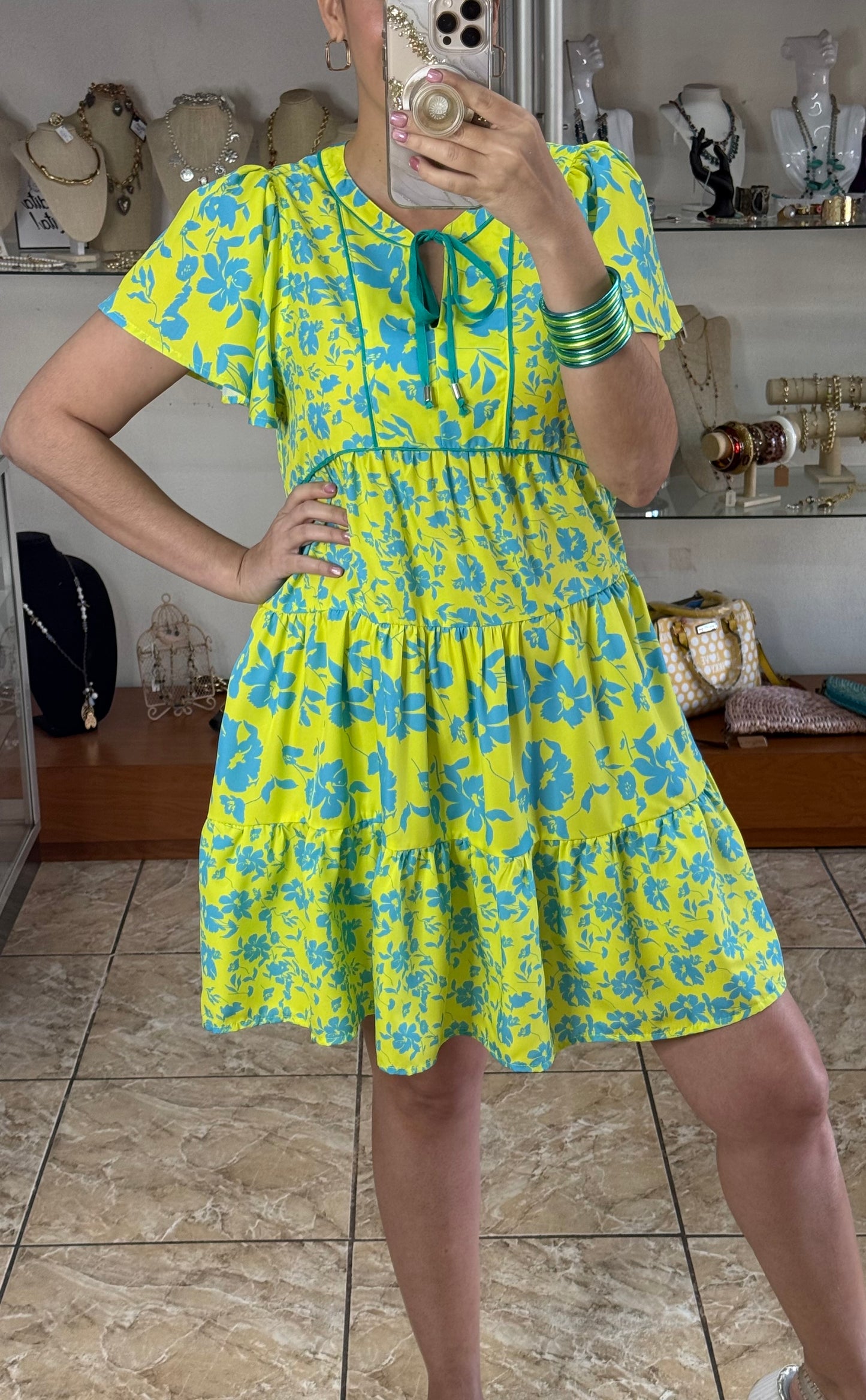 Lime Mix Flutter Sleeves Dress