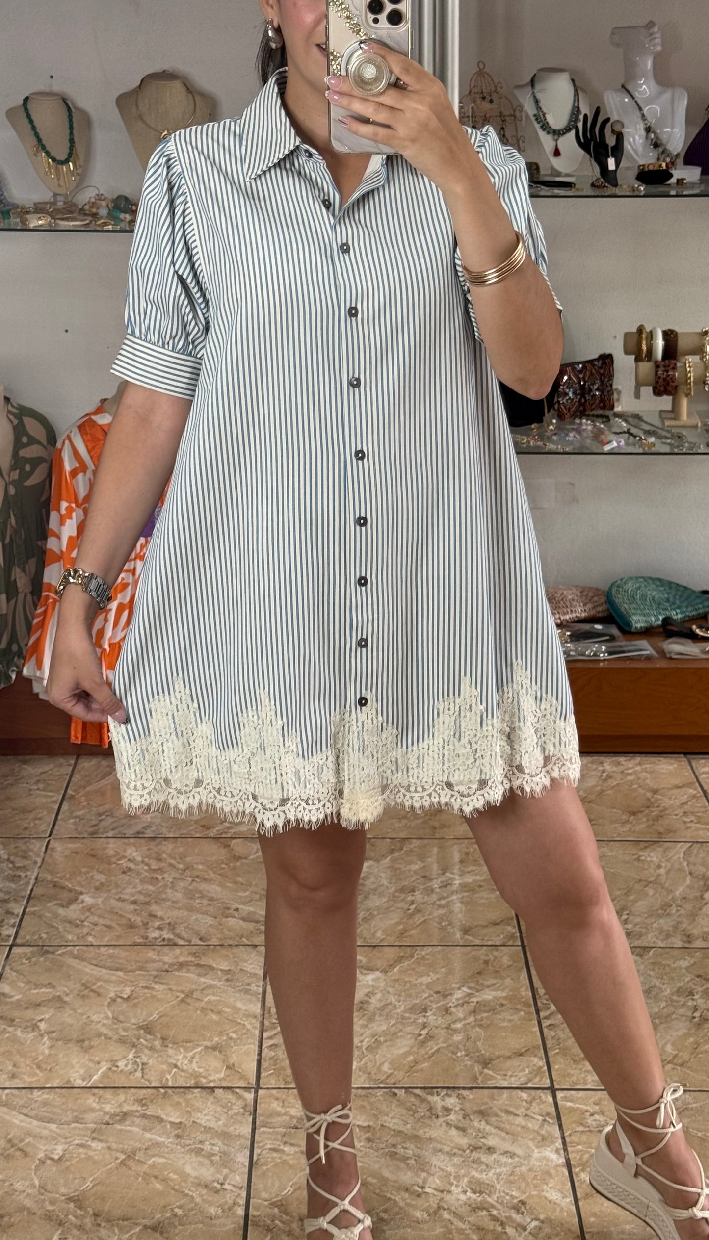 Chambray Stripes/Lace Mini Dress