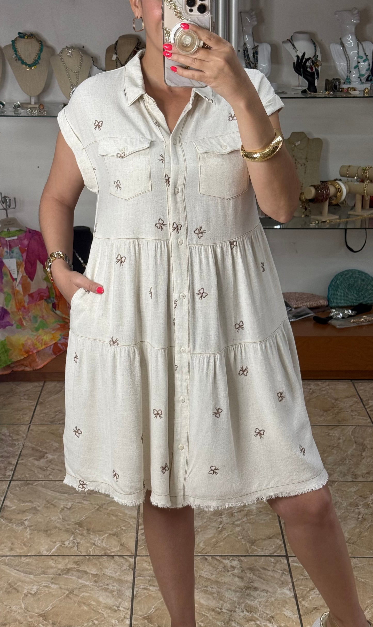 Embroidered Ribbons Linen Blend Dress