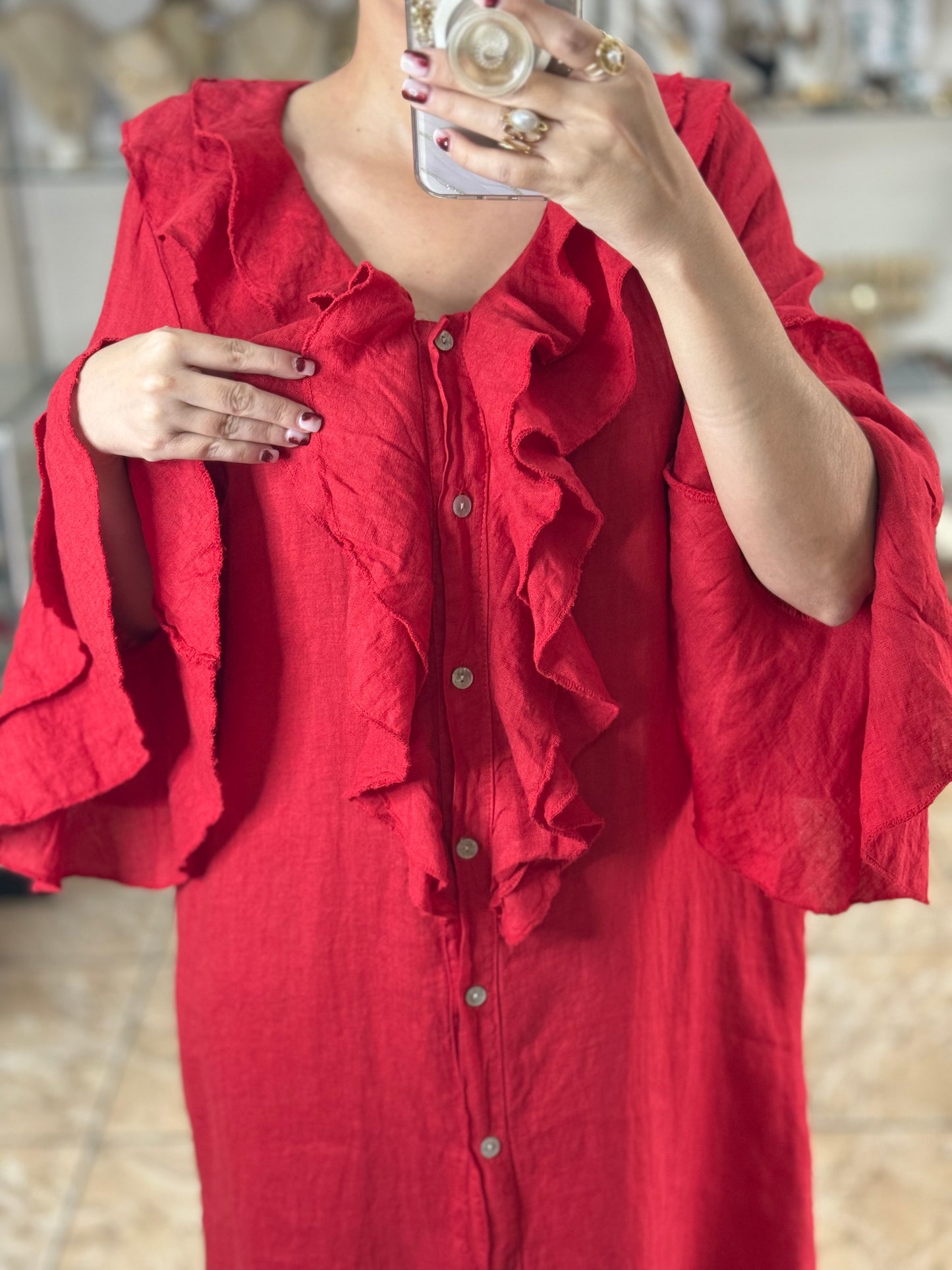 Ruffle Details OS Linen Maxi Dress (FINAL SALE)