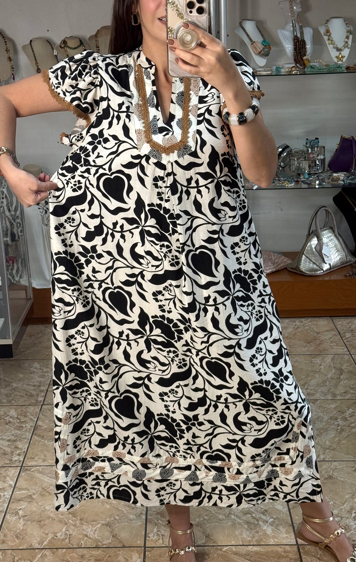 Flutter Sleeve Border Print Midi Dress