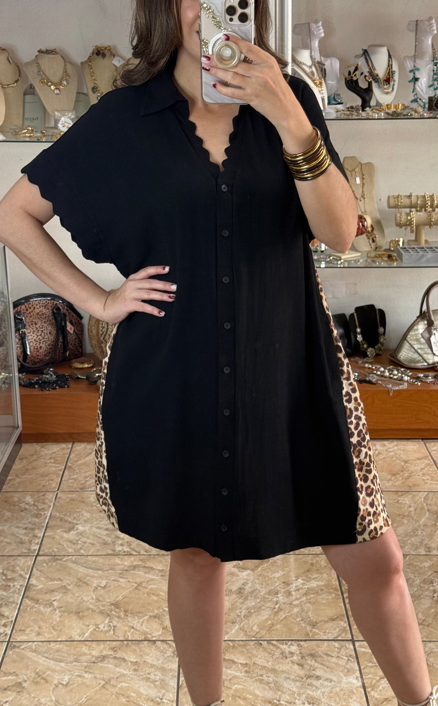 Black/Leopard Button Down Dress