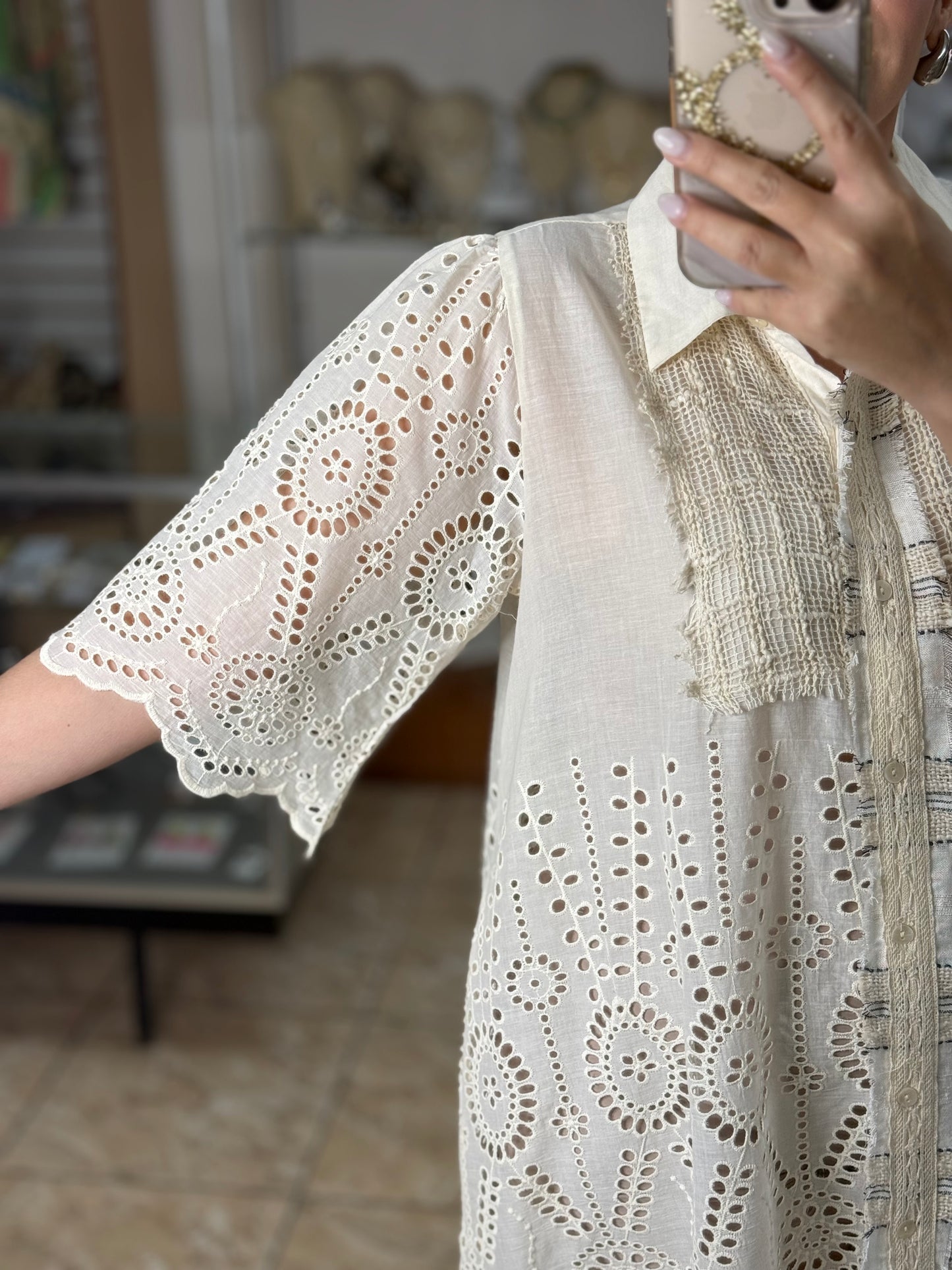 Natural Eyelet Button Down Dress