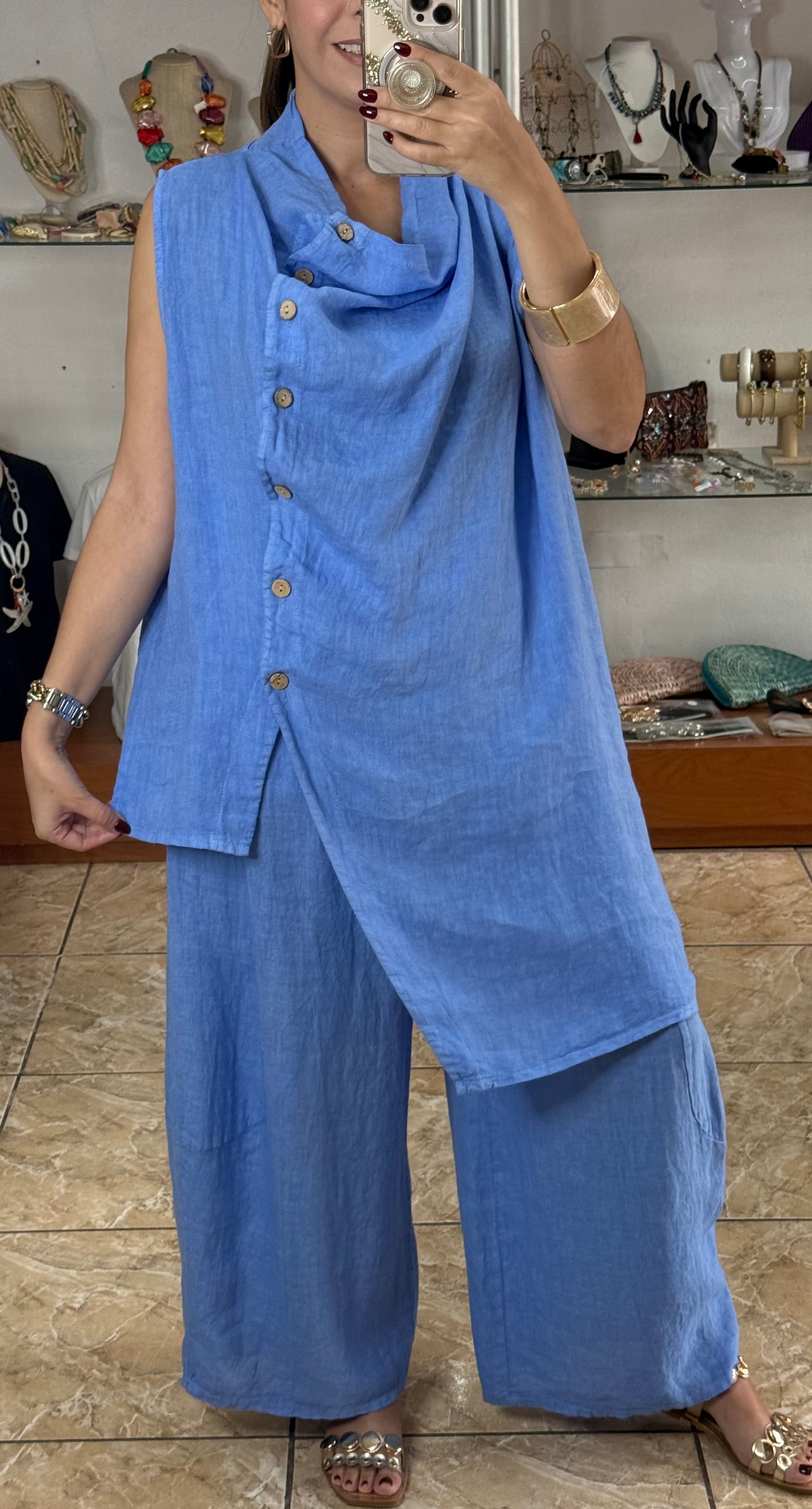 OS Linen Asymmetrical Top & Barrel Pant Set (NO RETURNS OR EXCHANGE)