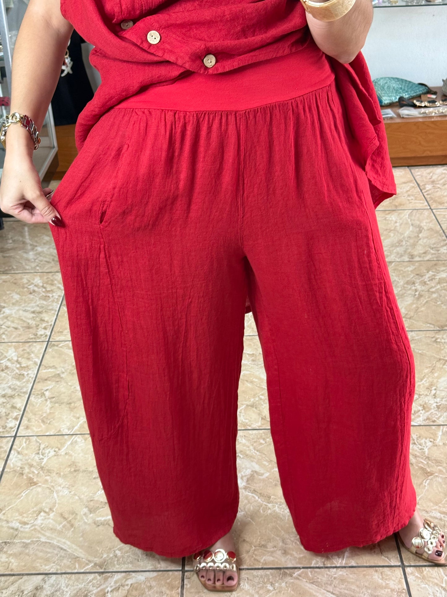 OS Linen Asymmetrical Top & Barrel Pant Set (NO RETURNS OR EXCHANGE)