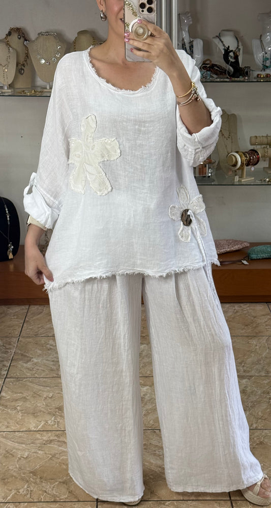 Flower Details OS Linen Pant Set (FINAL SALE)