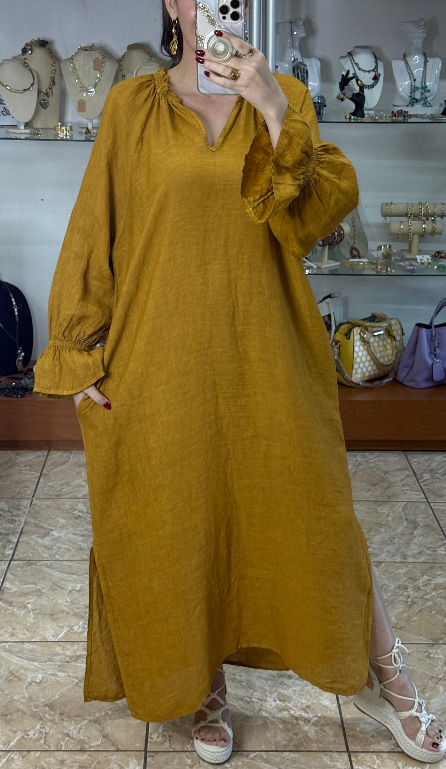Long Sleeves OS Linen Maxi Dress (FINAL SALE)