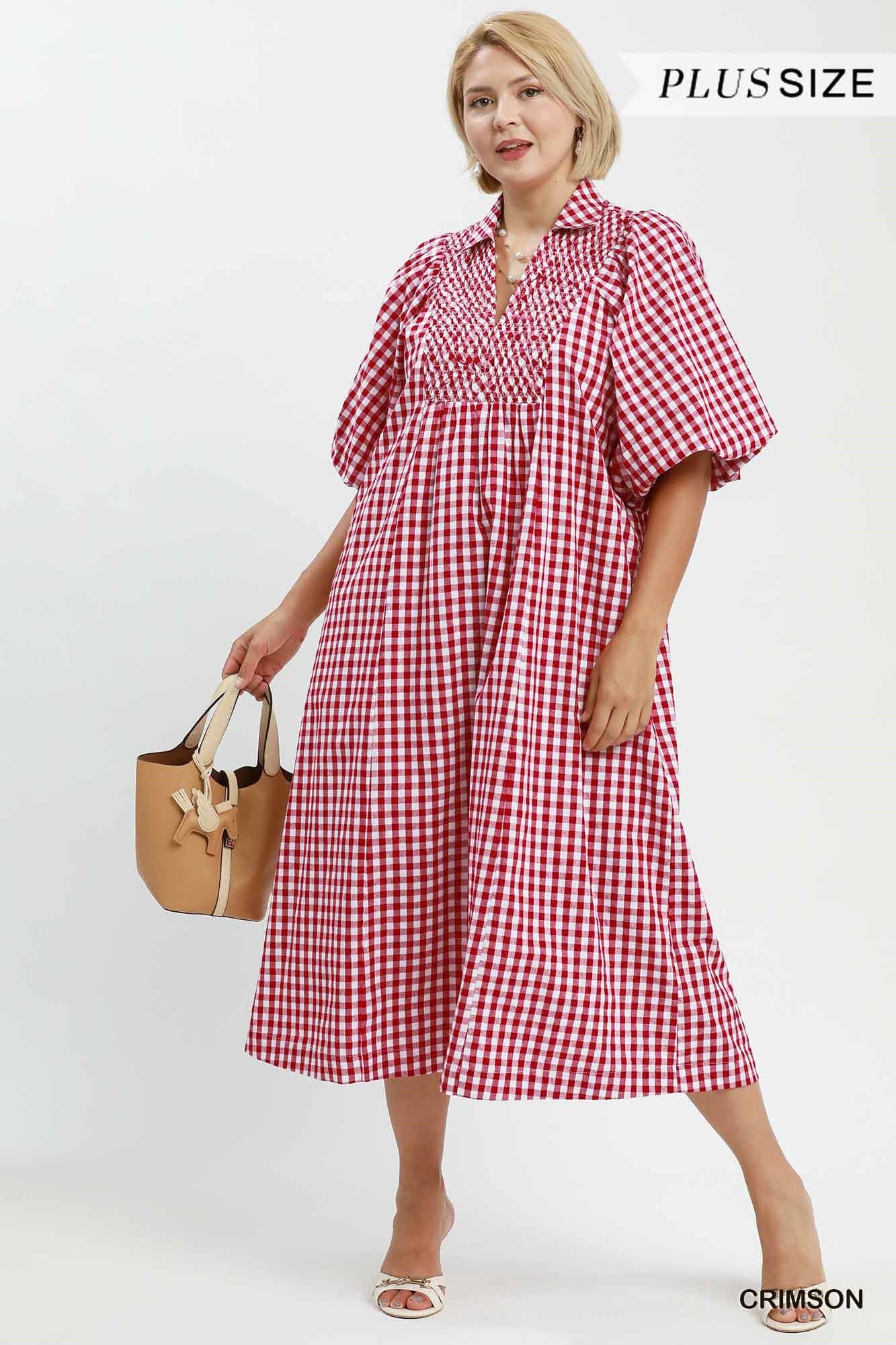 Puff Sleeve Plaid Midi Dress (PLUS)