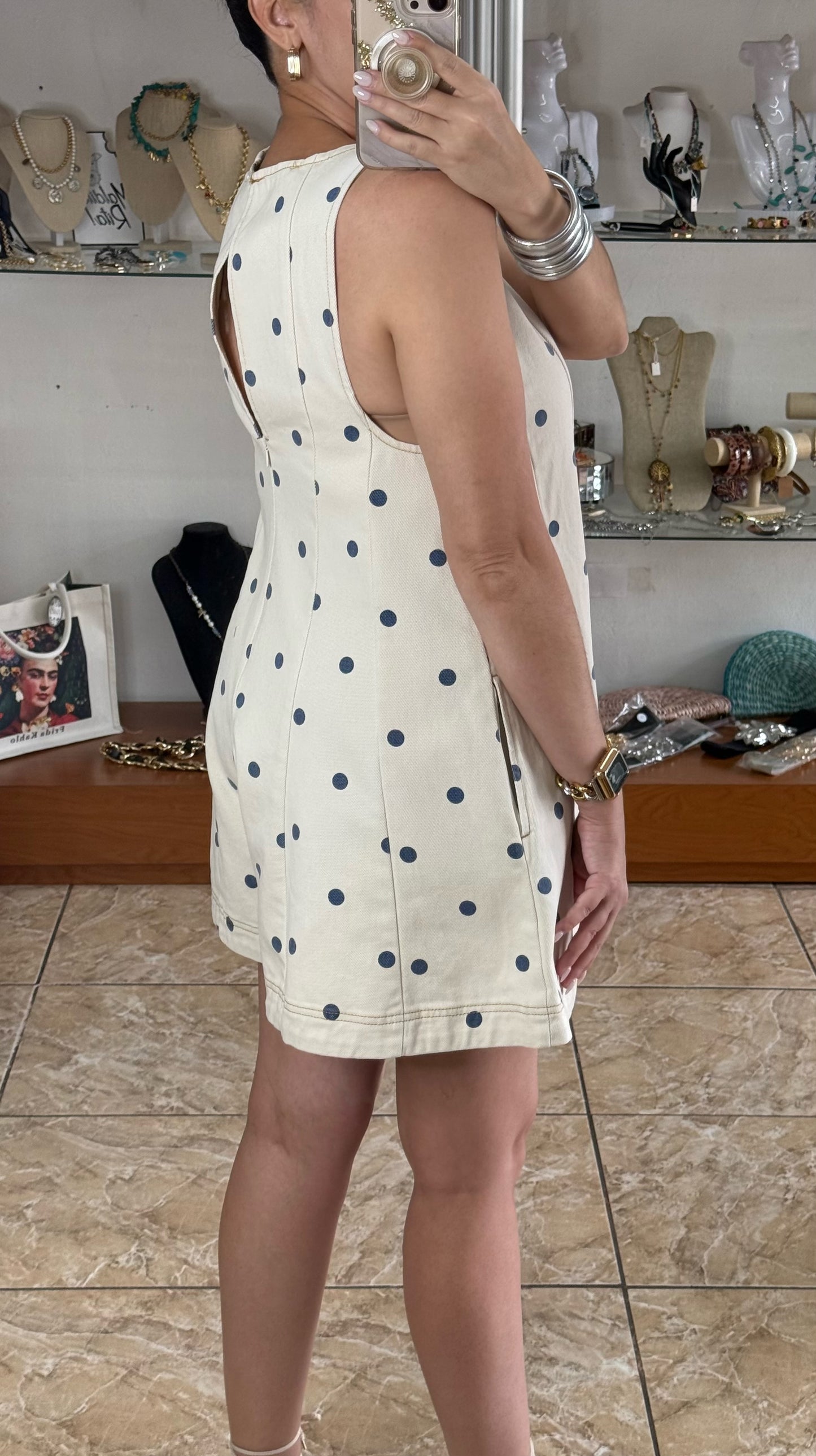 Cream/Navy Denim Romper