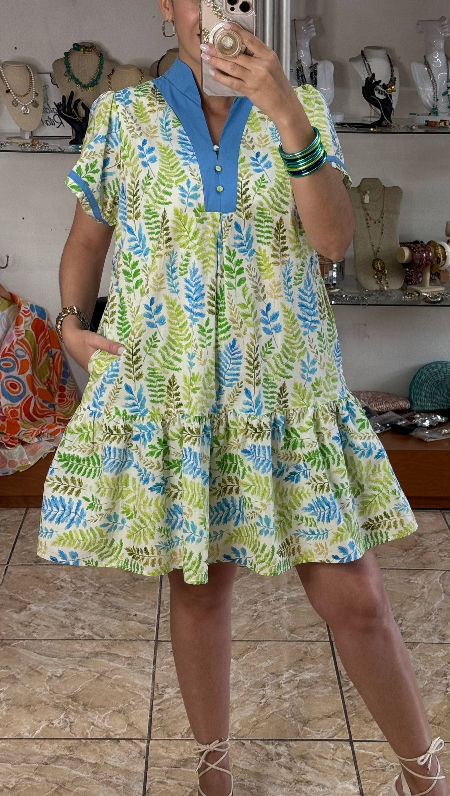 Green Mix Leaves Mini Dress