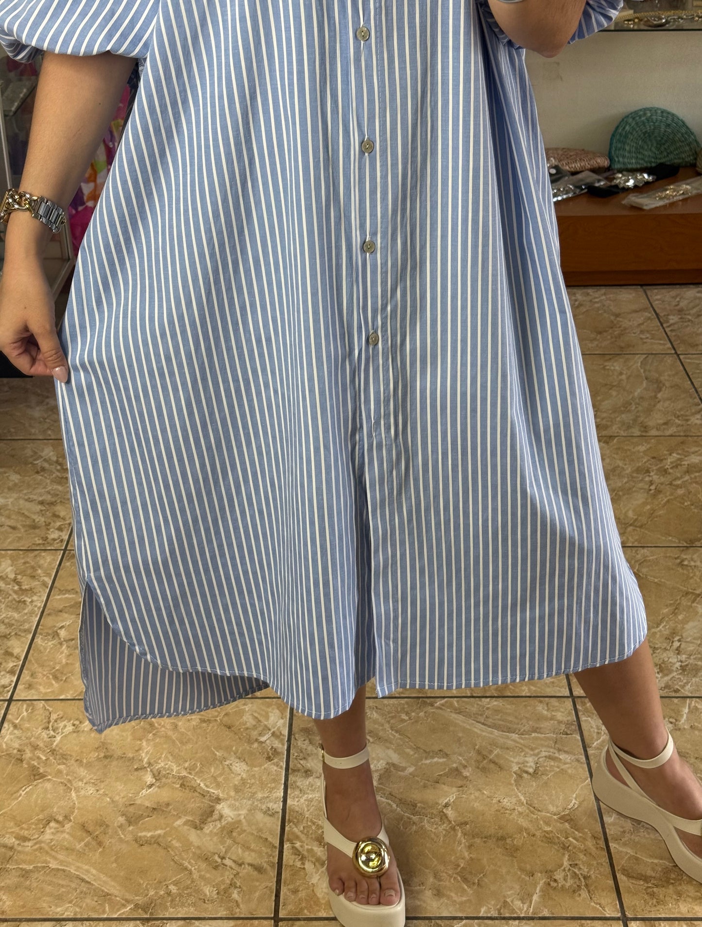 Stripes Puff Sleeves OS Midi Dress (NO RETURNS OR EXCHANGE)