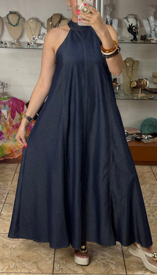 Halter Denim Maxi Dress