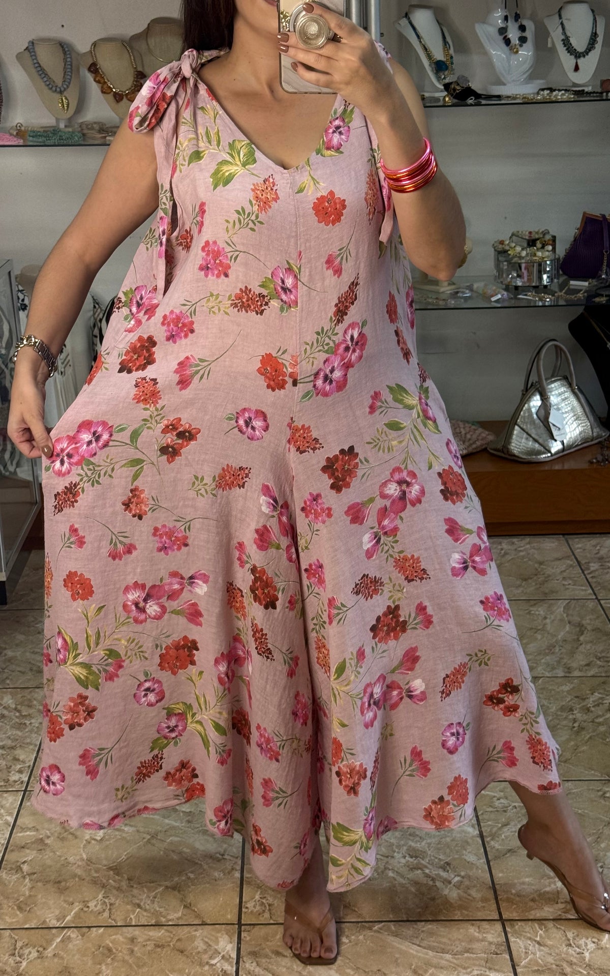 OS Dusty Rose Floral Linen Jumpsuit (NO RETURNS OR EXCHANGE)