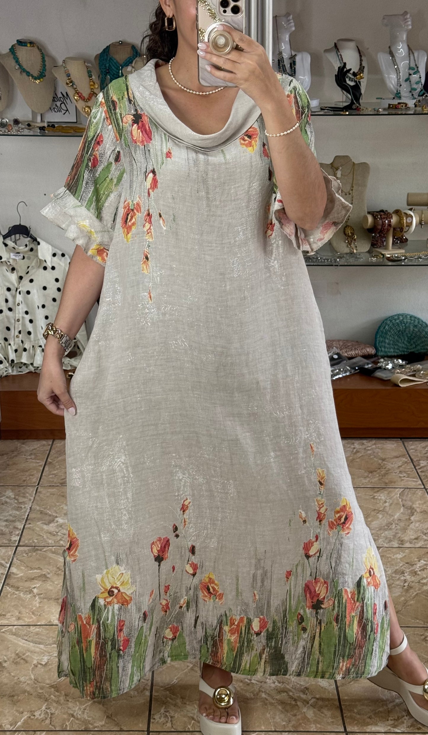 Orange Flowers OS Linen Maxi Dress (NO RETURNS OR EXCHANGE)