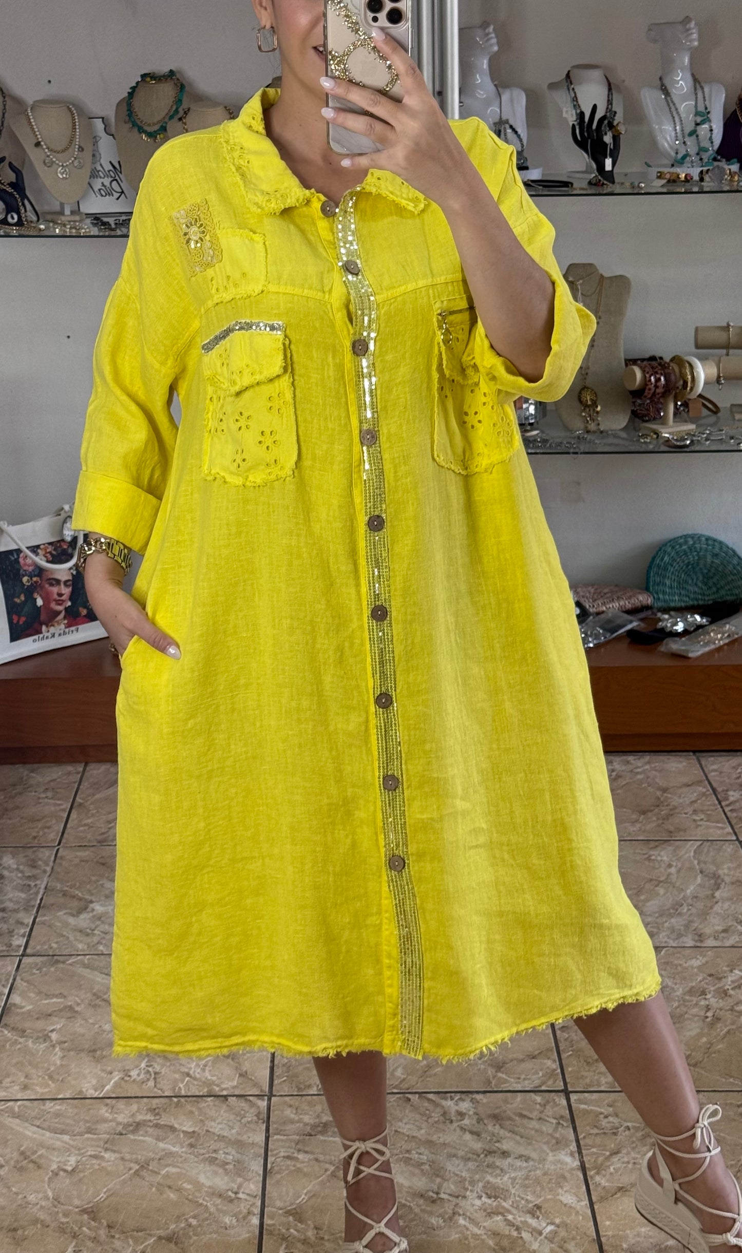 Long Sleeves OS Linen Midi Dress (NO RETURNS OR EXCHANGE)