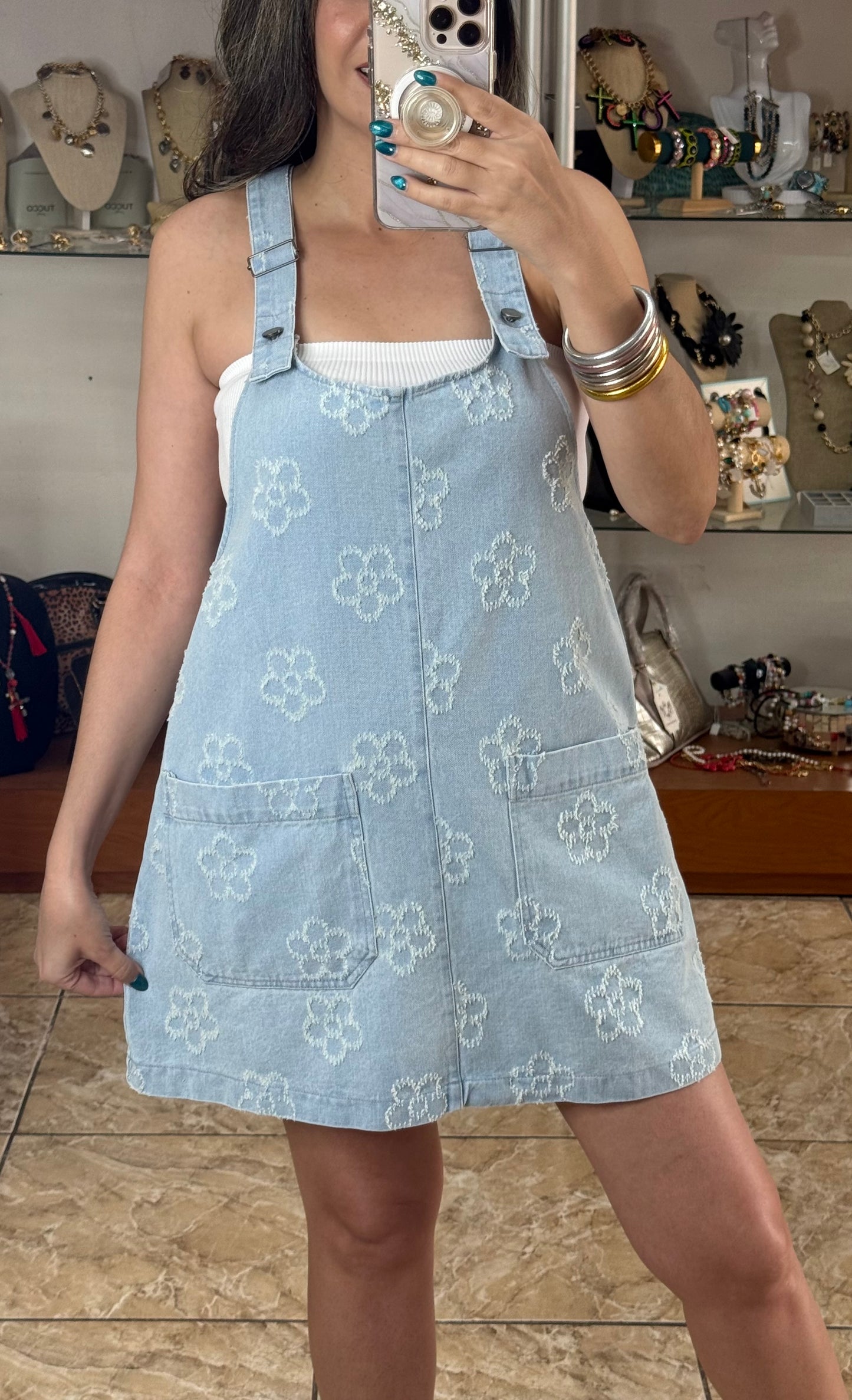 Floral Denim Overall Dress