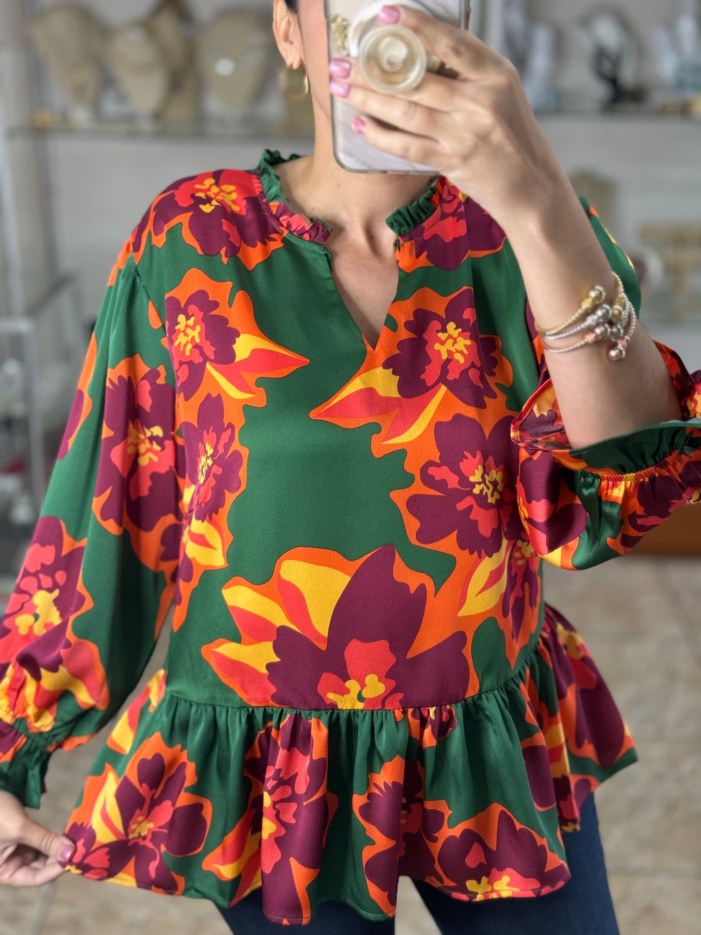 Green Floral Satin Top