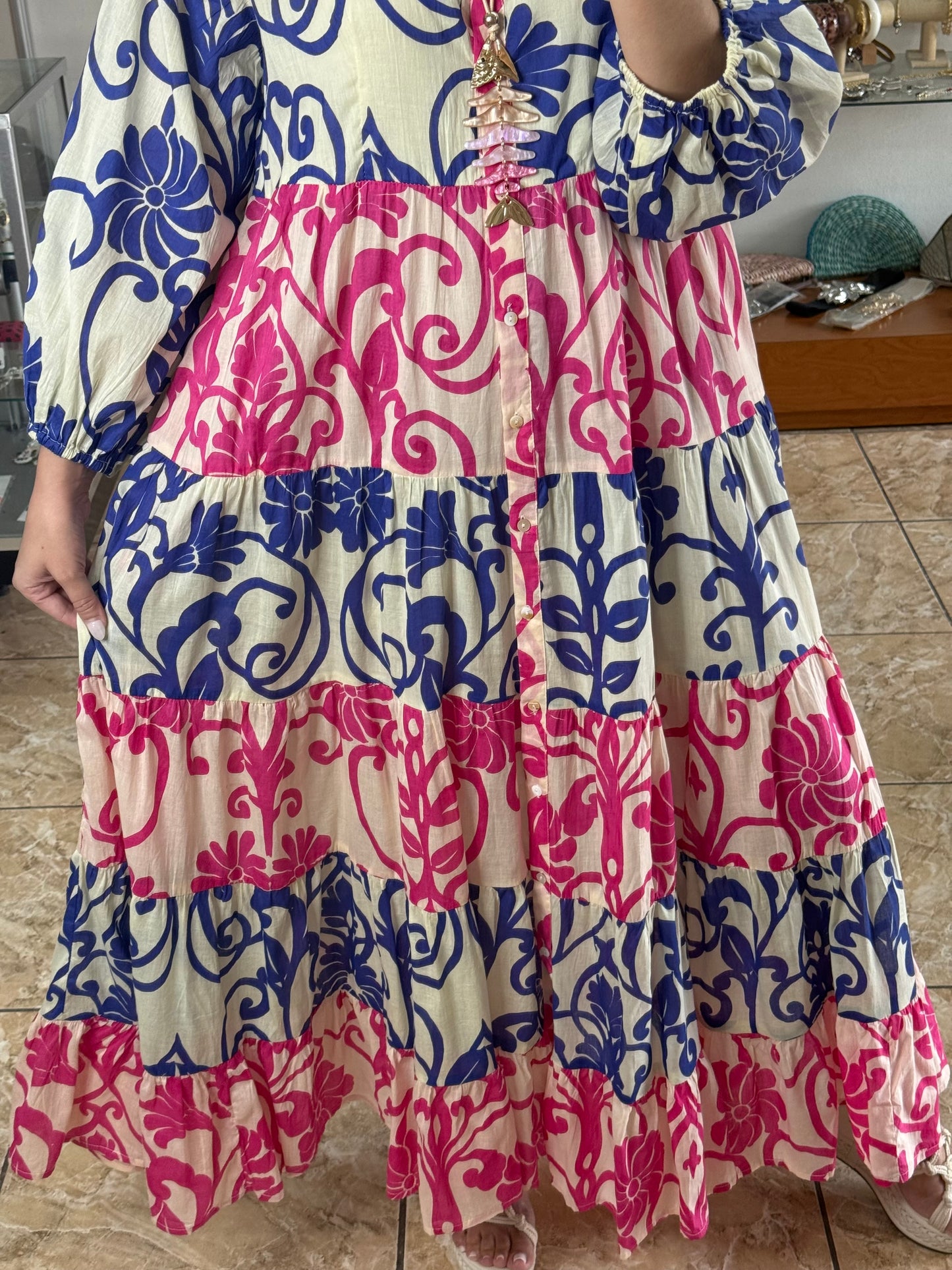 Blue/Pink Mix Button Down Maxi Dress