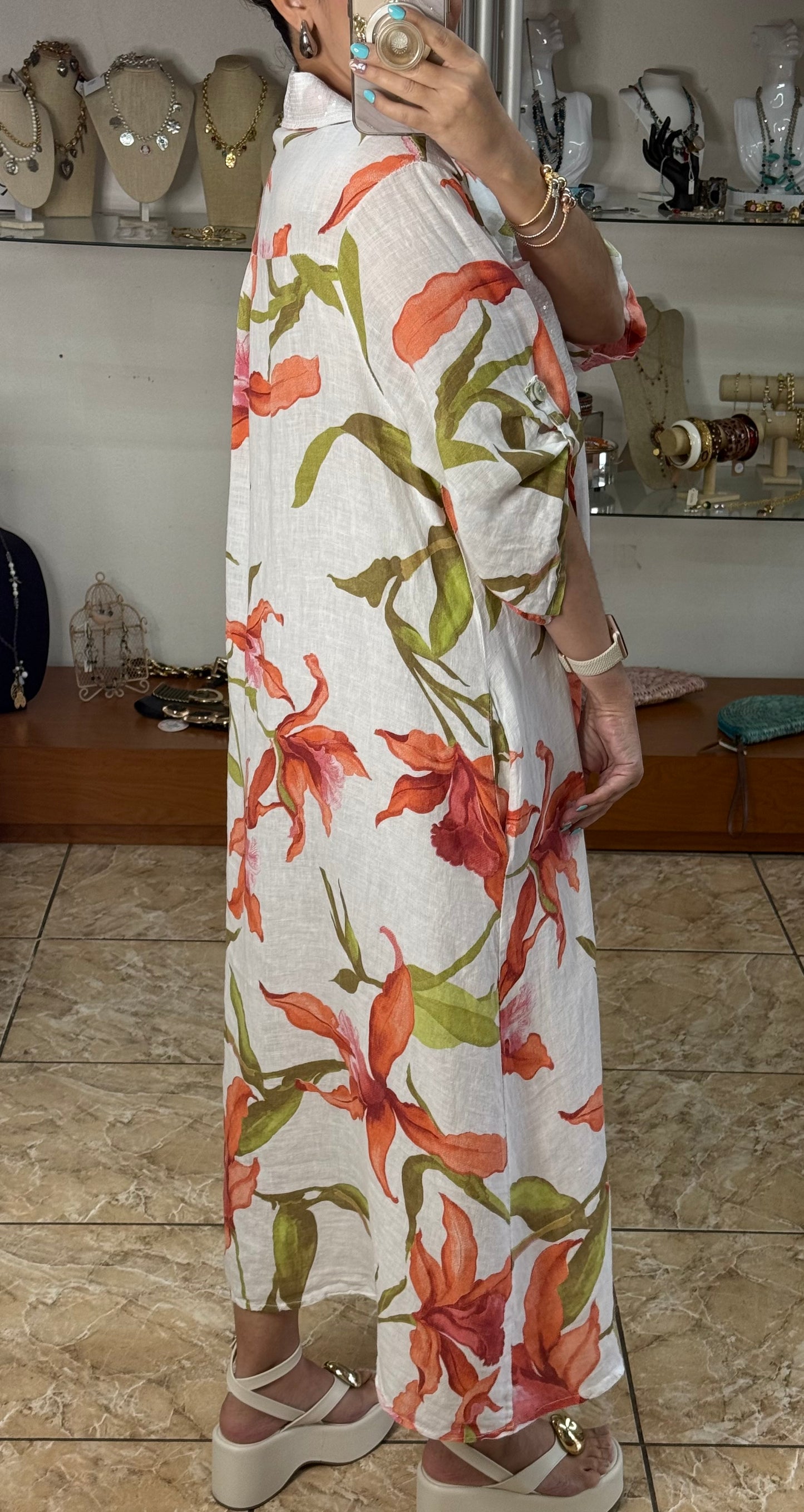 White/Orange Floral OS Linen Maxi Dress (FINAL SALE)