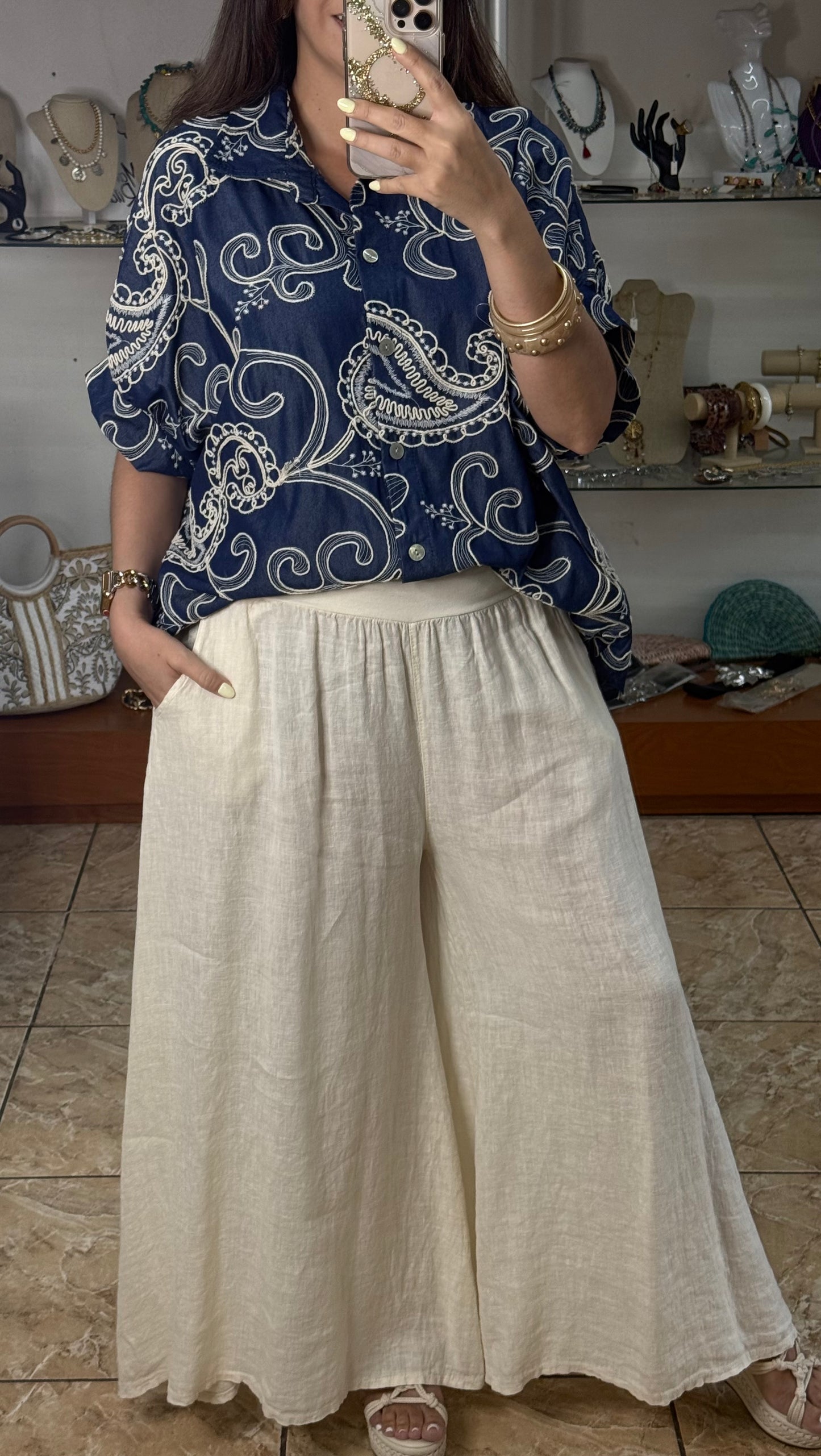 OS Blue Denim Embroidered Tunic Top (NO RETURNS OR EXCHANGE)