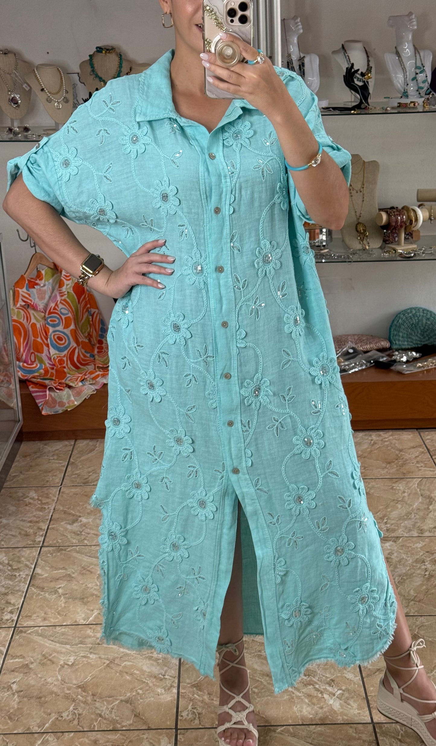 OS Embroidered/Sequins Linen Maxi Dress (NO RETURNS OR EXCHANGE)