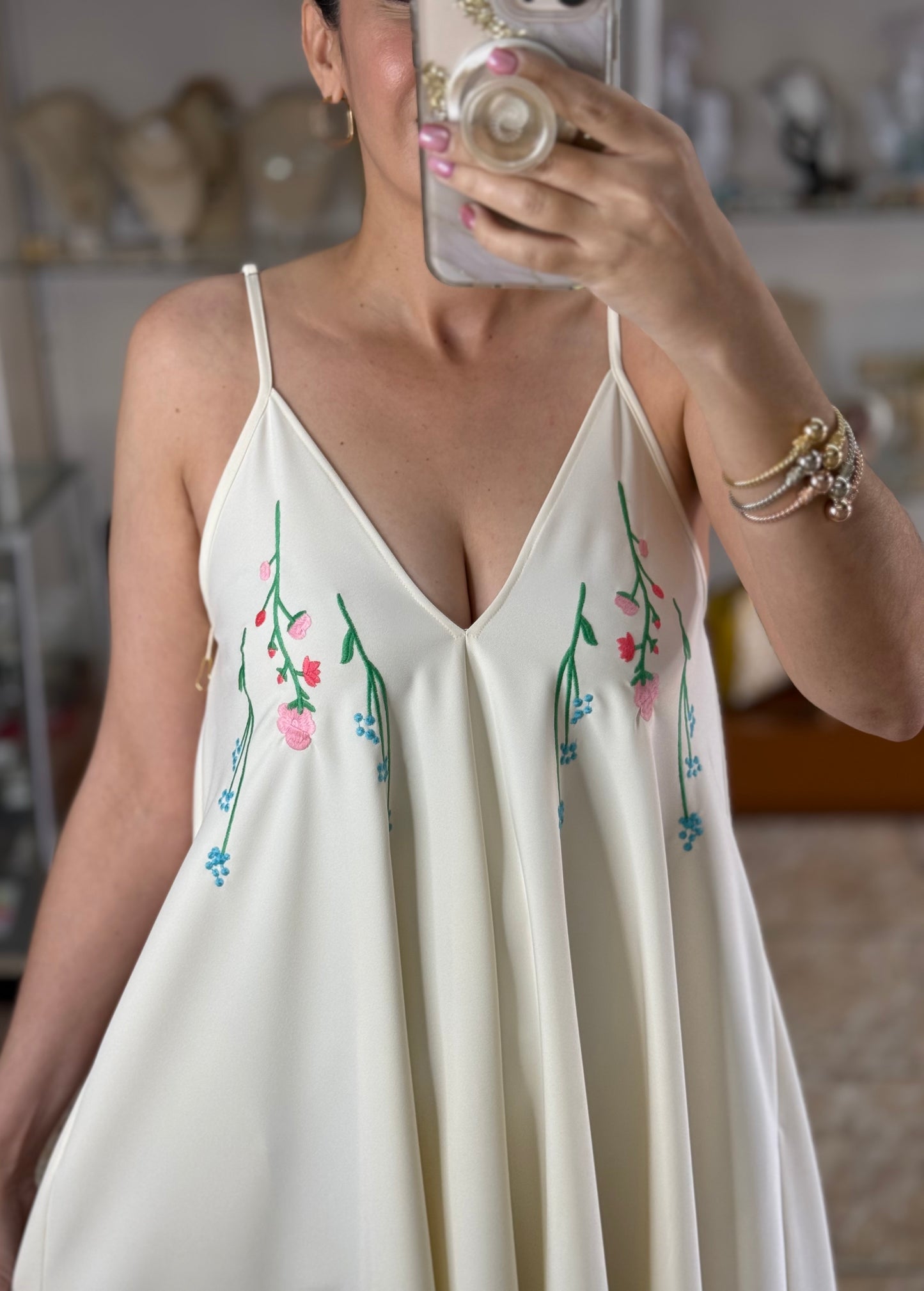 Cream Maxi Floral Embroidered Dress