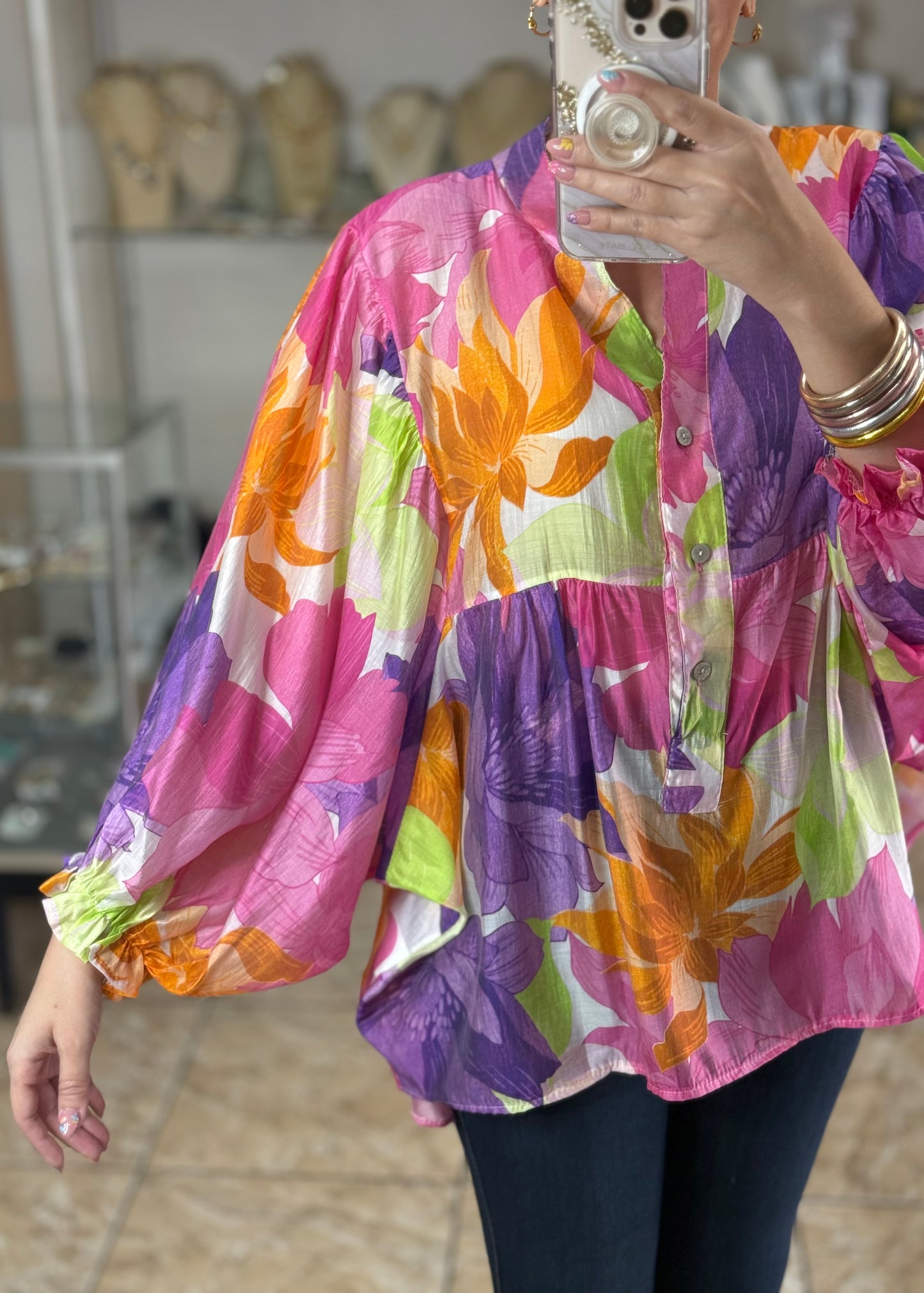Purple/Pink Floral OS Tunic Top (FINAL SALE)