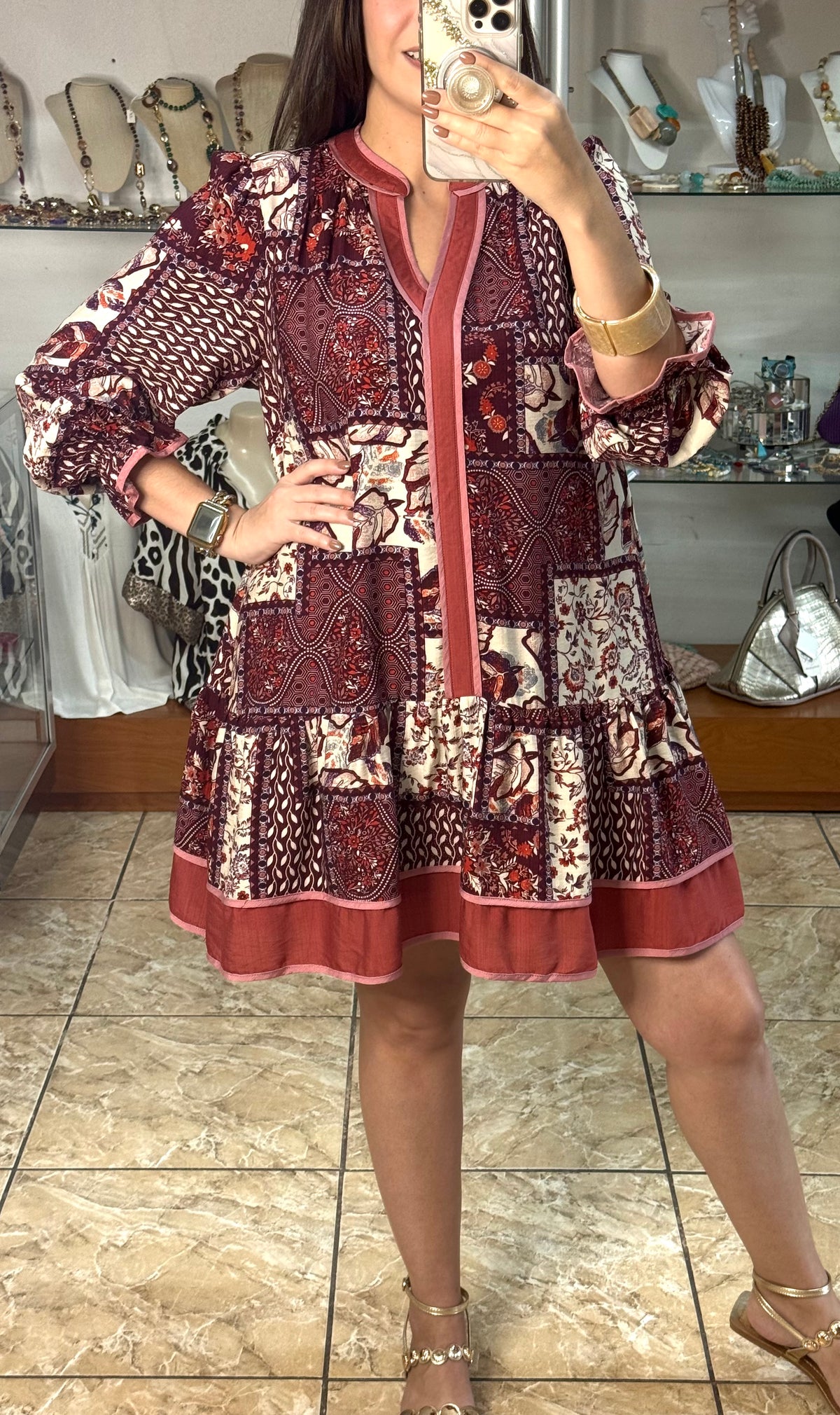 Patchwork Print Tiered Mini Dress