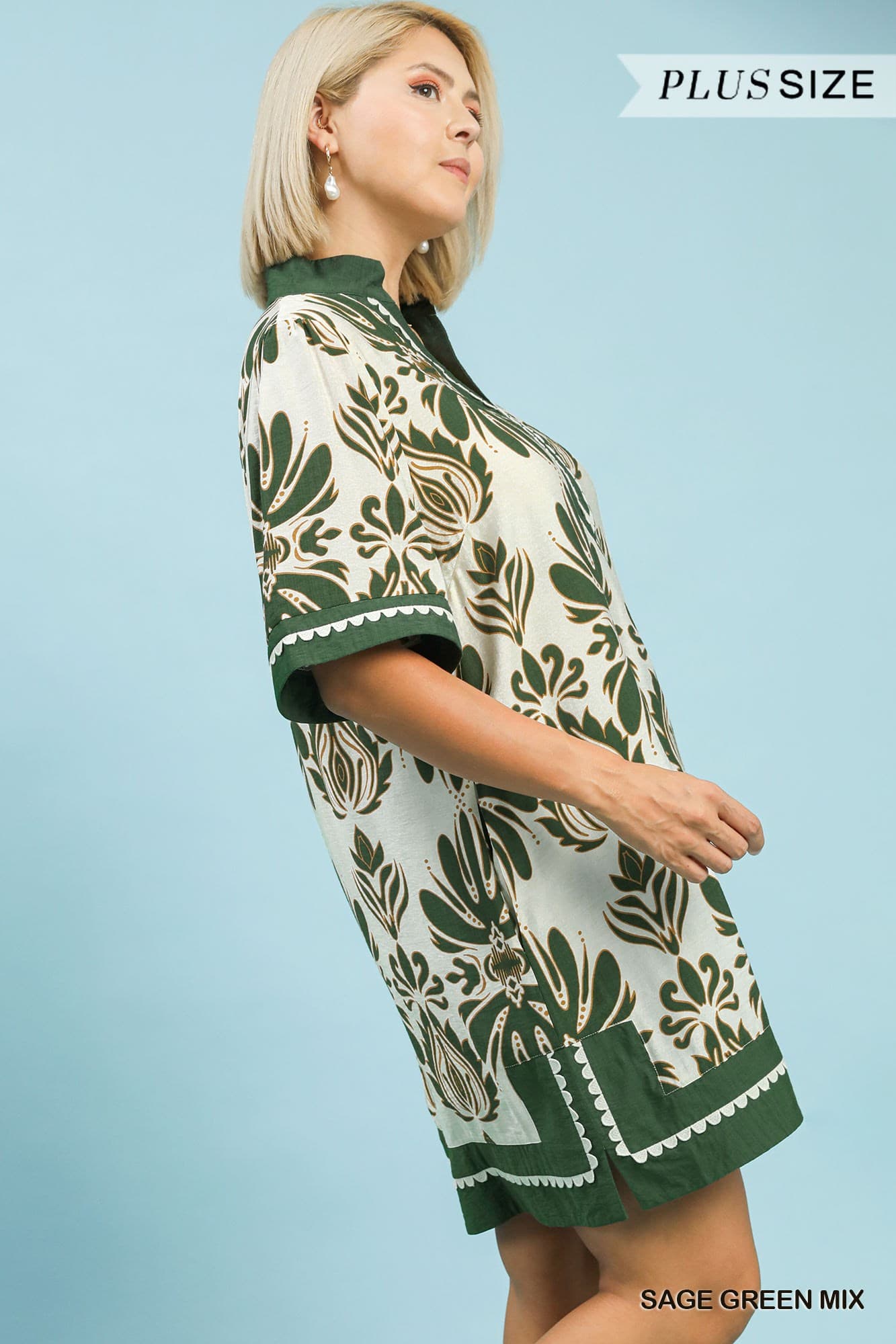 Sage Green Border Print Dress (PLUS)