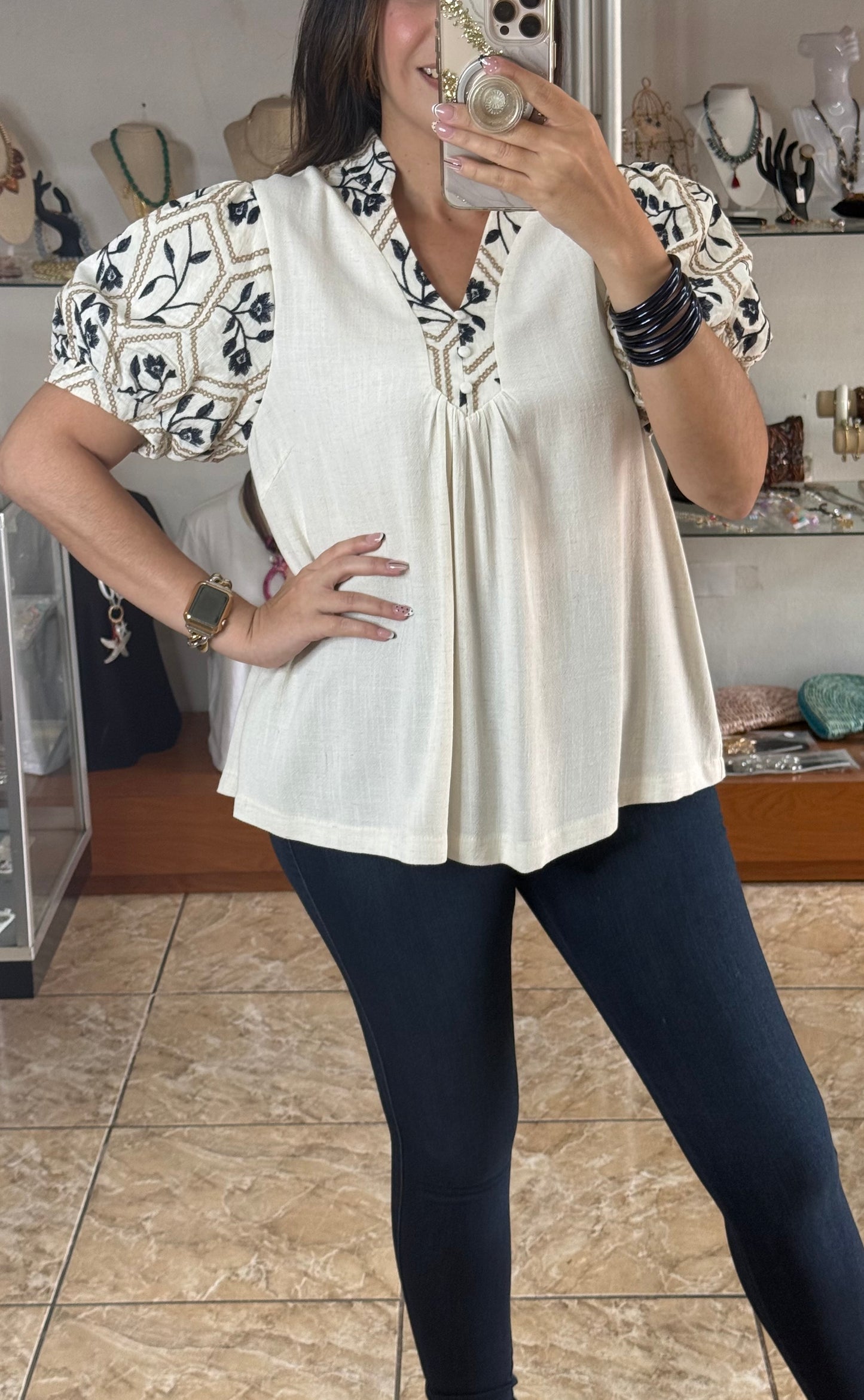 Embroidered Sleeves Cream Top
