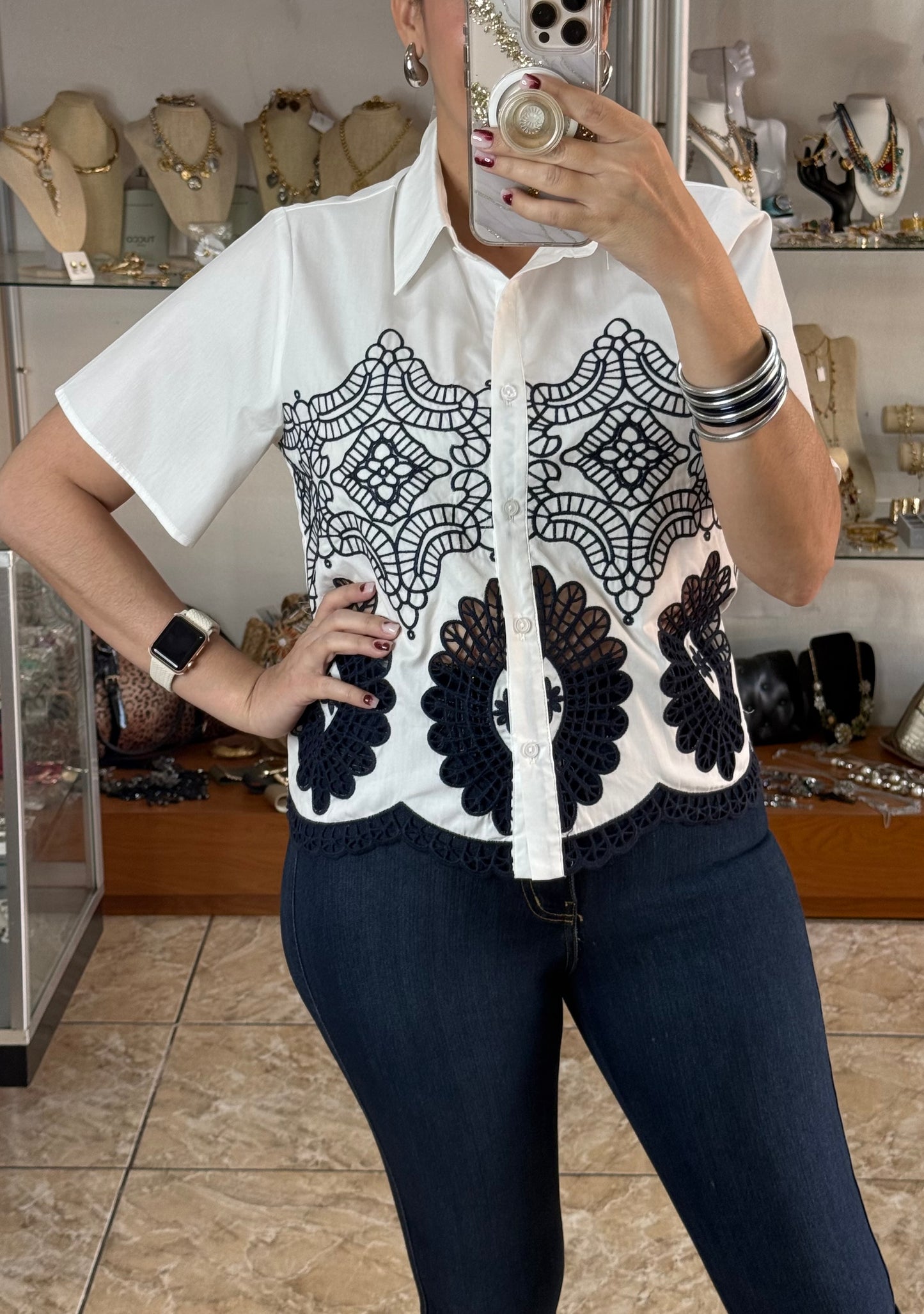 White/Navy Button Down Top (FINAL SALE)