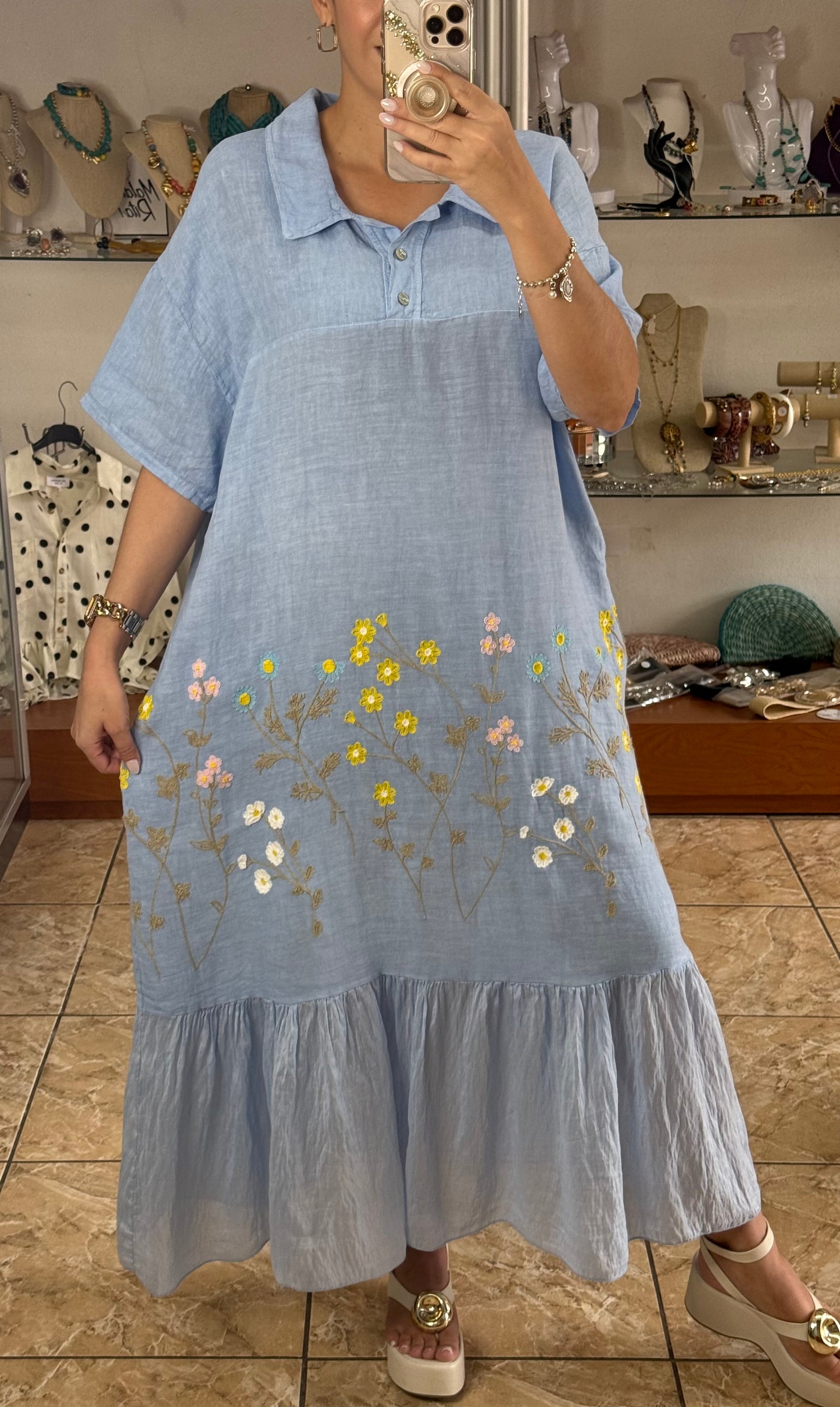 Floral Embroidered OS Linen Dress (NO RETURNS OR EXCHANGE)