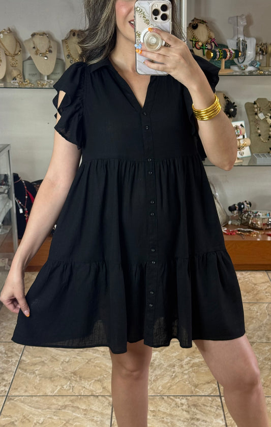Ruffle Sleeves Black Mini Dress
