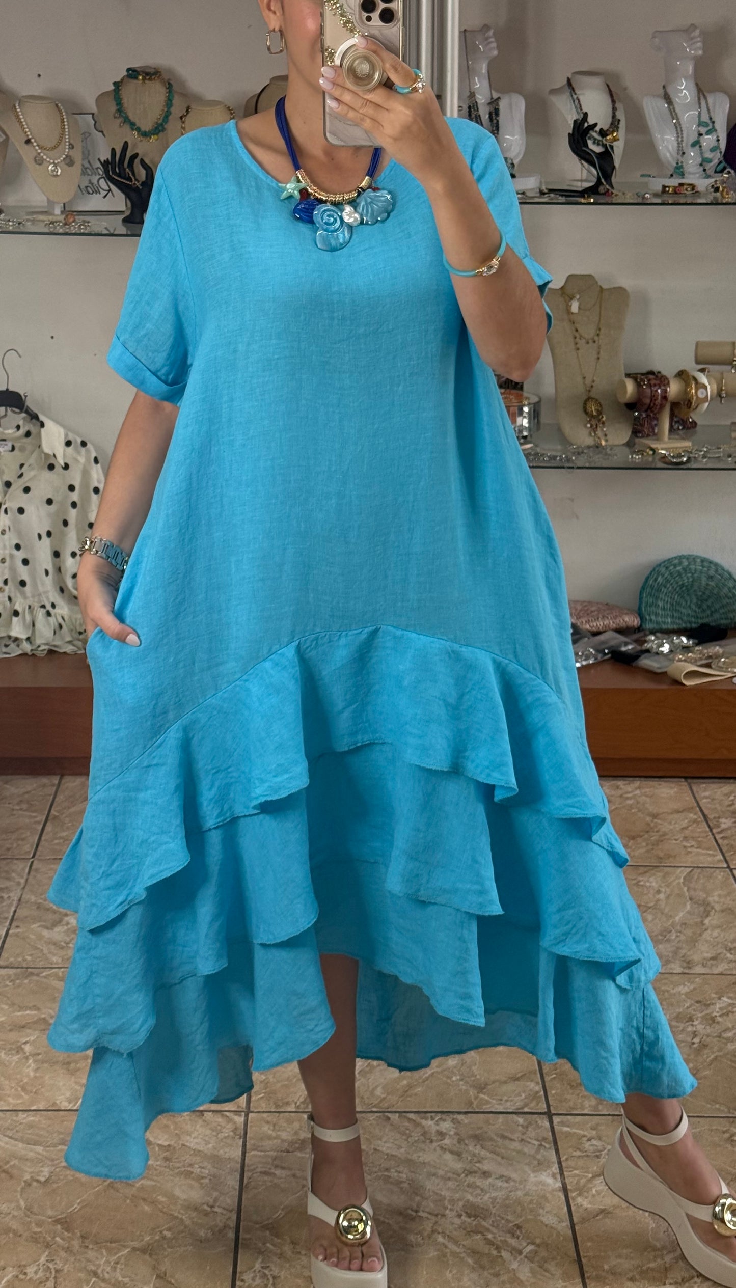 OS Ruffle Tiered Linen Midi Dress (NO RETURNS OR EXCHANGE)