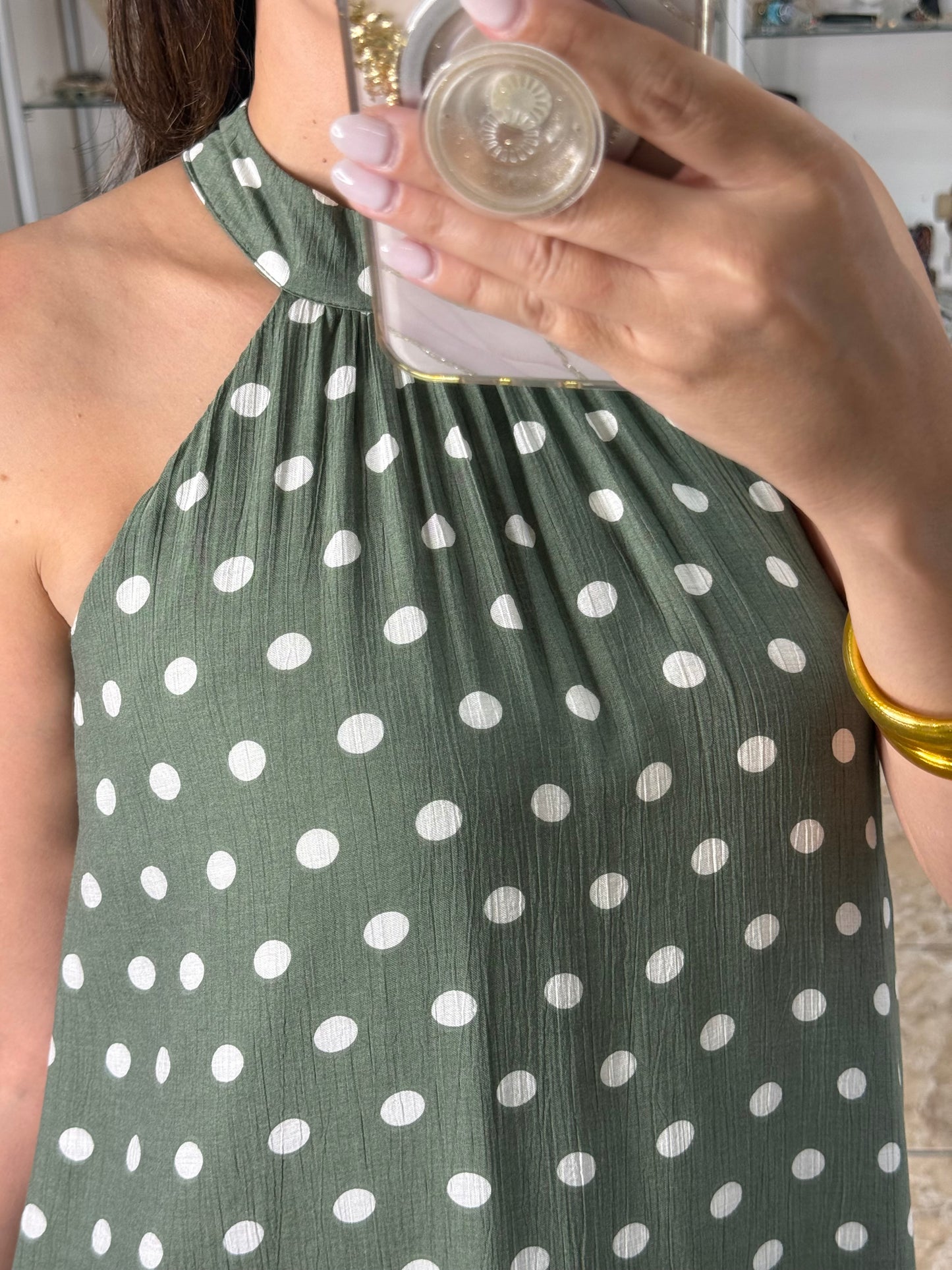 Olive Polkadots Halter Maxi Dress