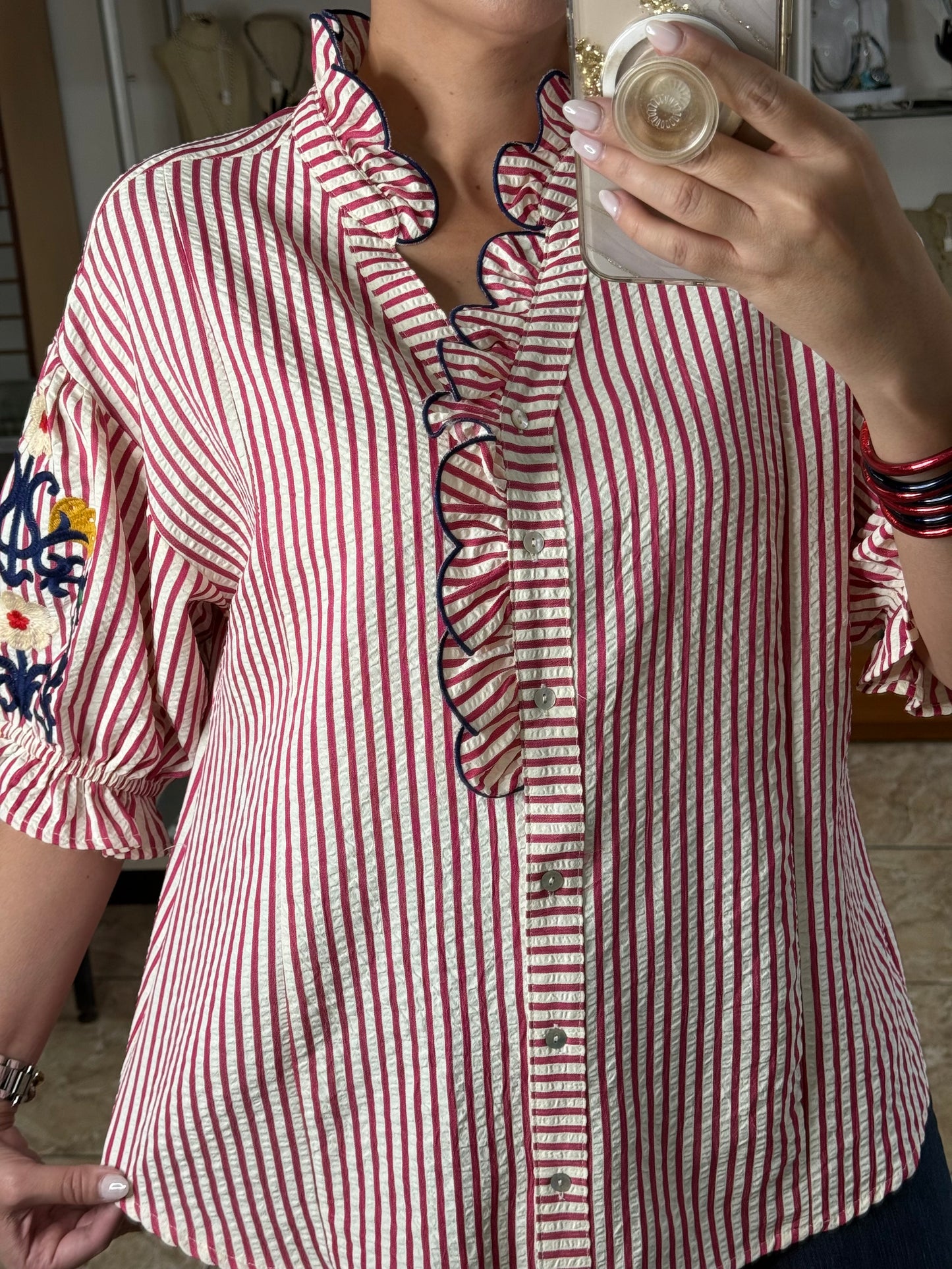 Raspberry Stripes Embroidered Sleeves Top