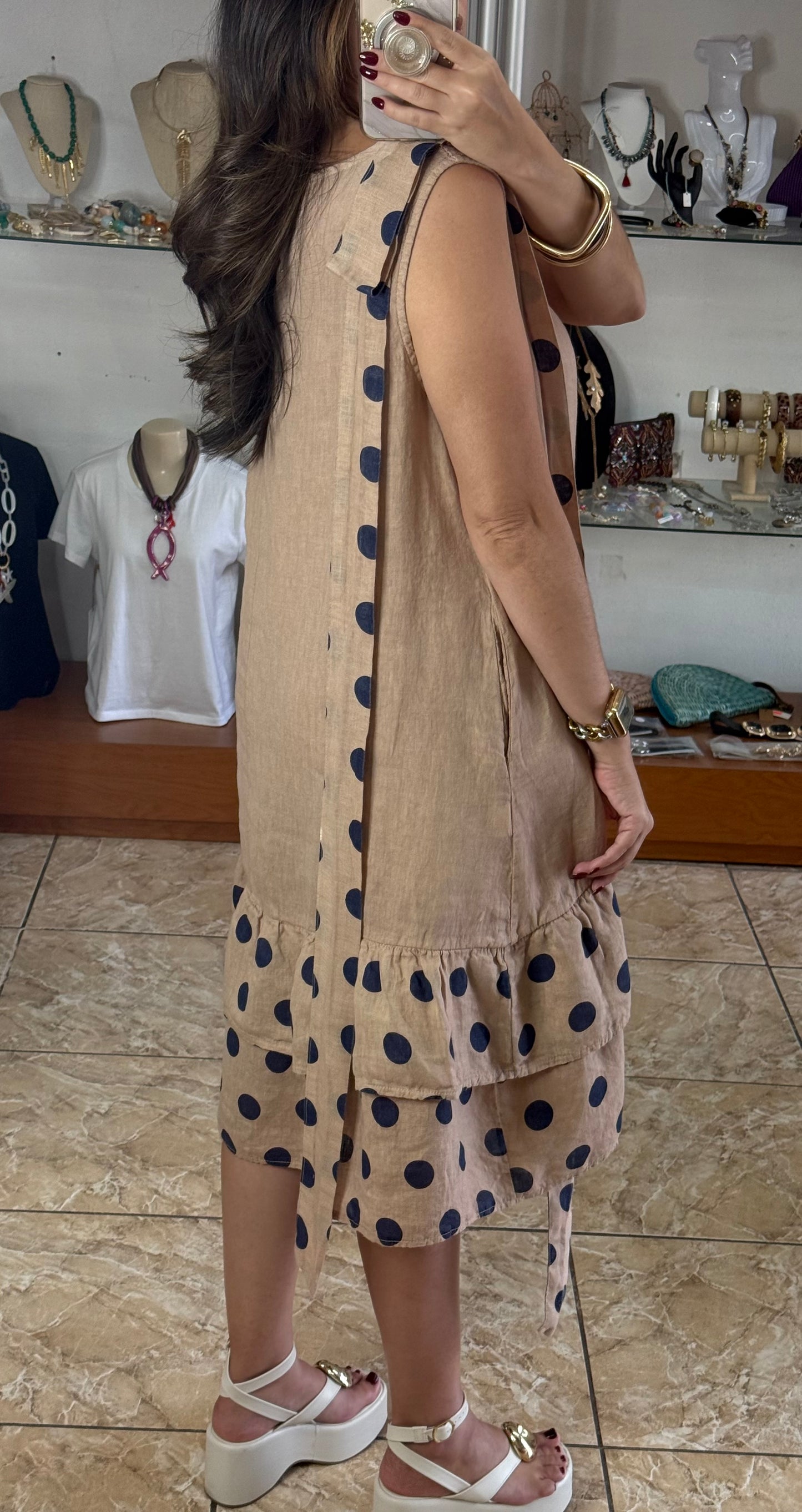 Navy Polkadots OS Linen Short Dress (NO RETURNS OR EXCHANGE)