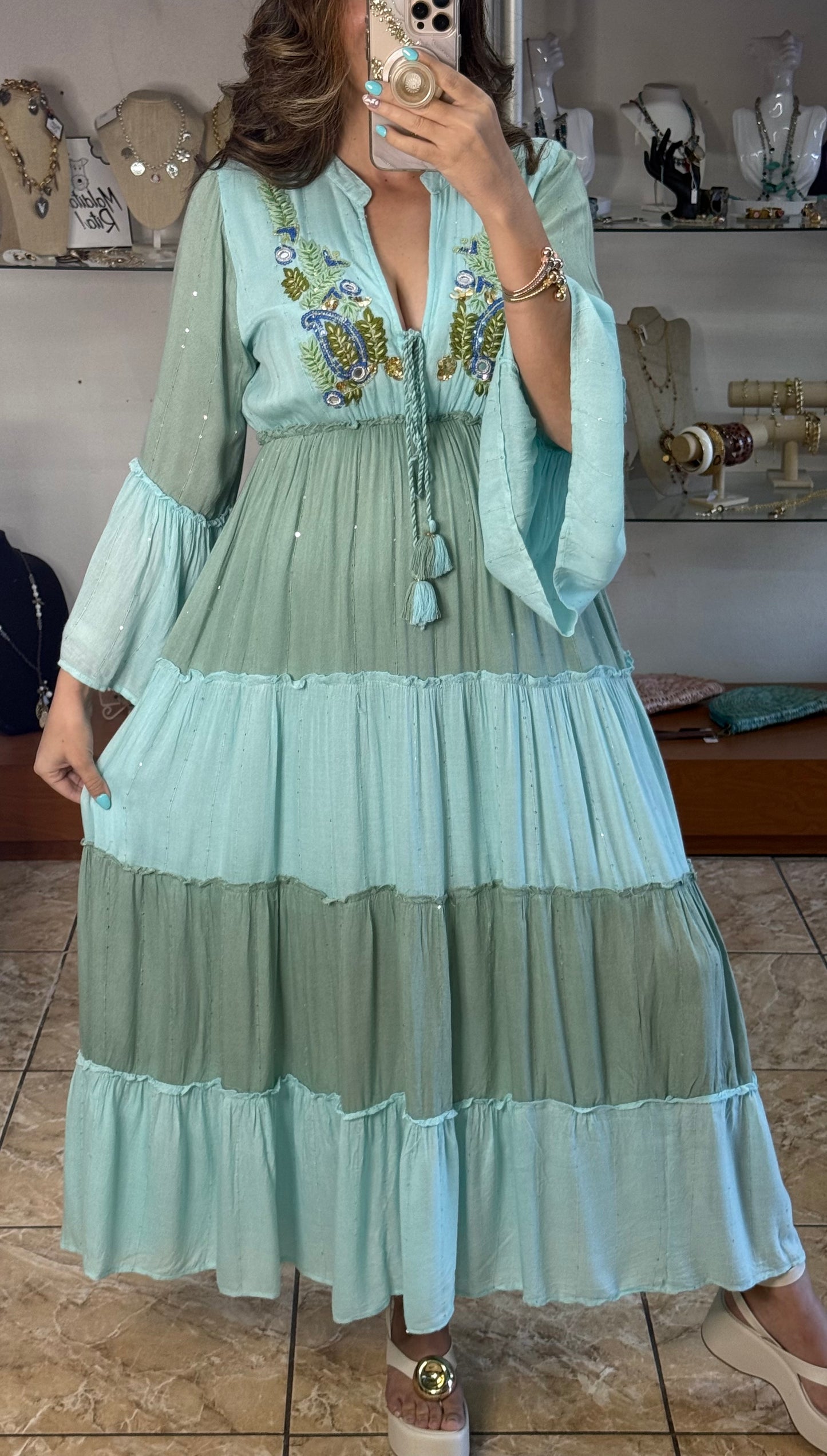 Boho Sage/Turquoise Embroidered OS Maxi Dress (NO RETURNS OR EXCHANGE)