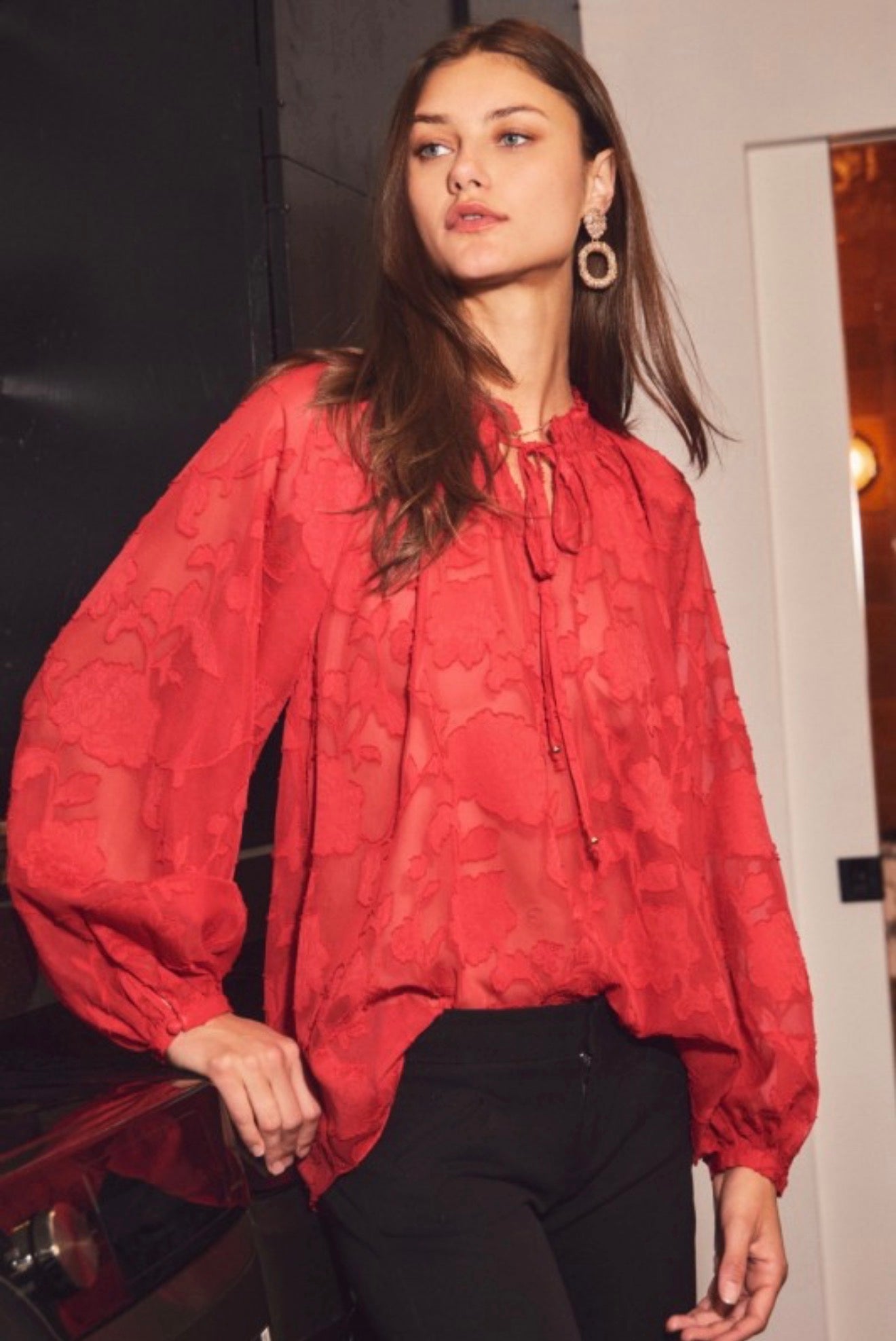 Long Sleeve Red Floral Top (REG AND PLUS)