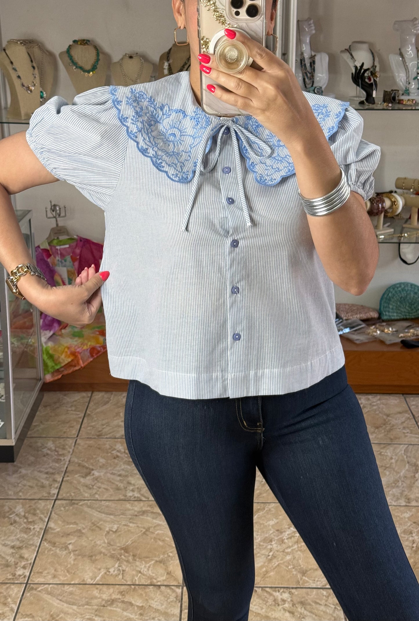 Peter Pan Neck Embroidered Stripes Top