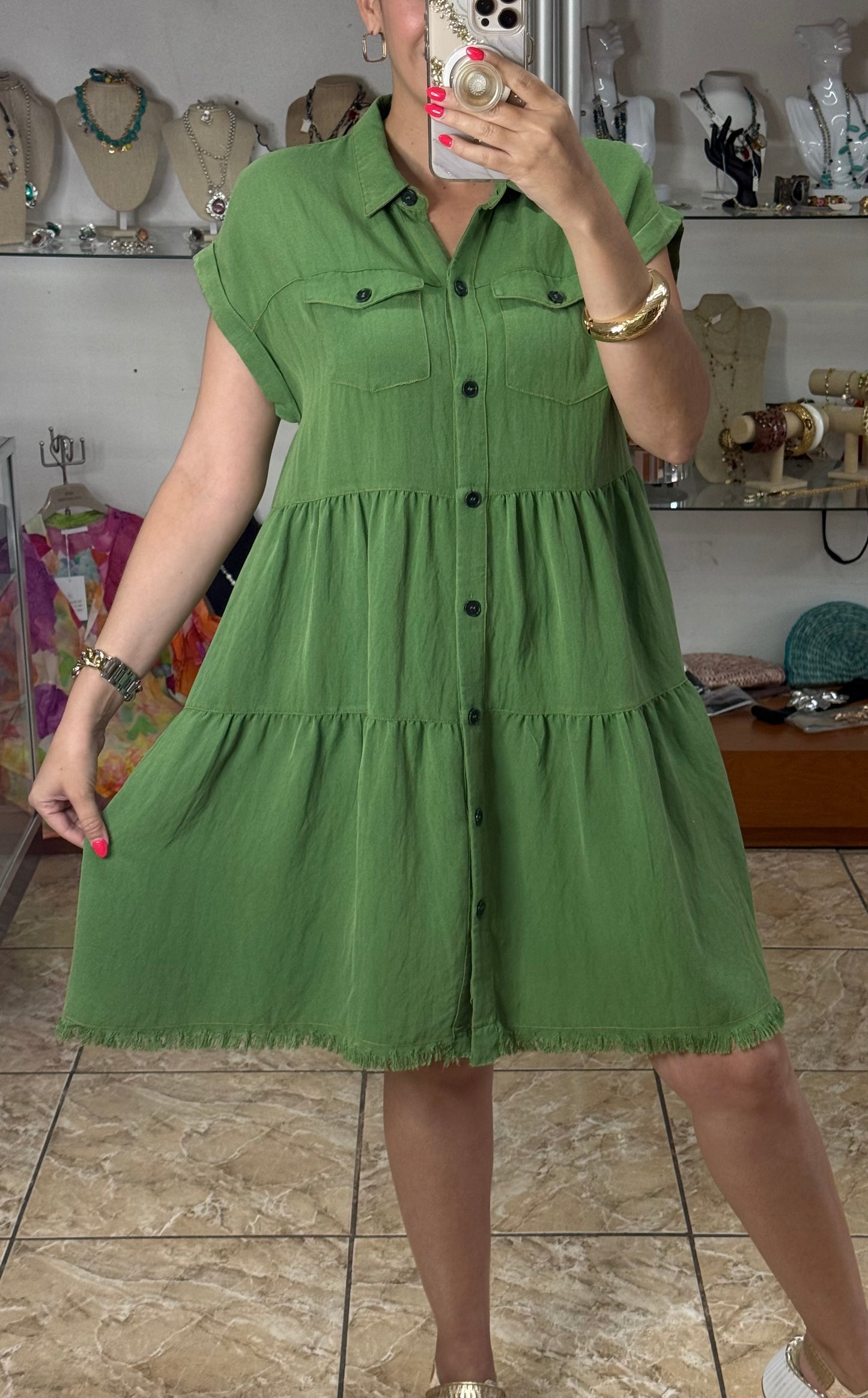 Sage Button Down Short Dress
