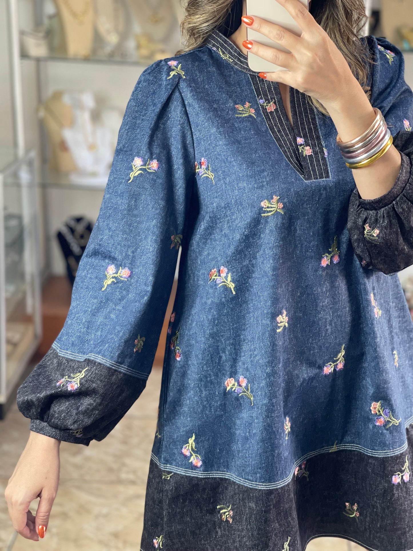 Long Sleeves Floral Embroidered Mini Dress