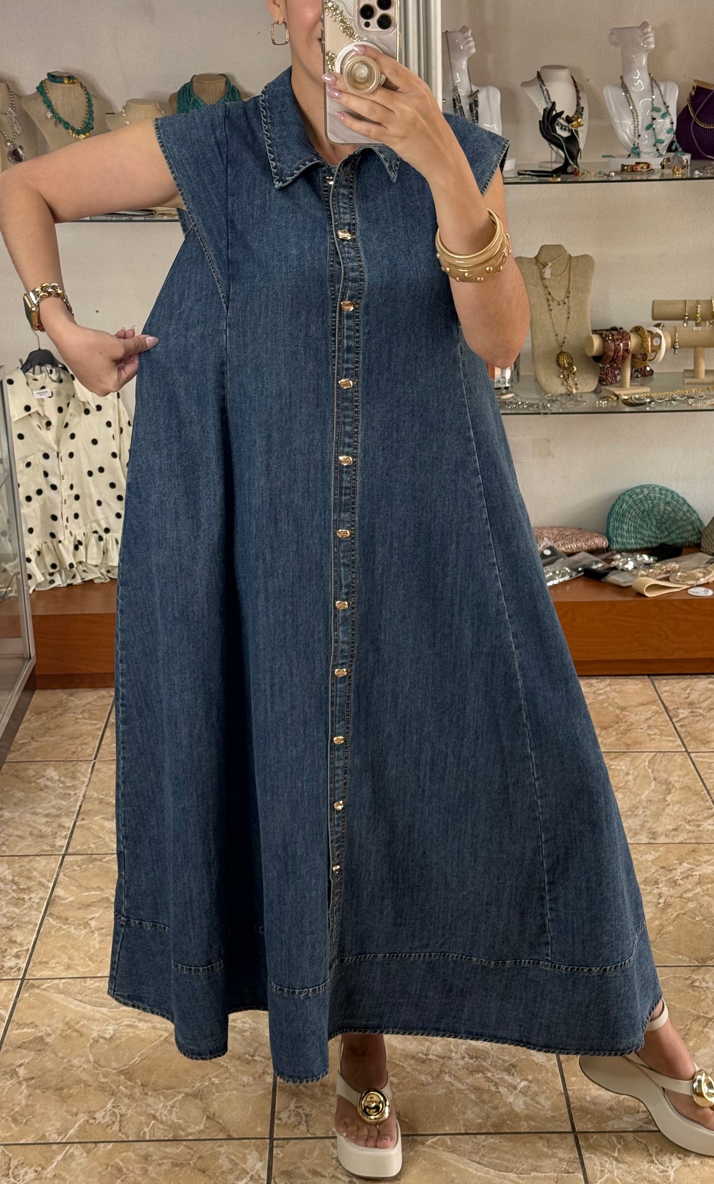 Gold Buttons Denim Maxi Dress
